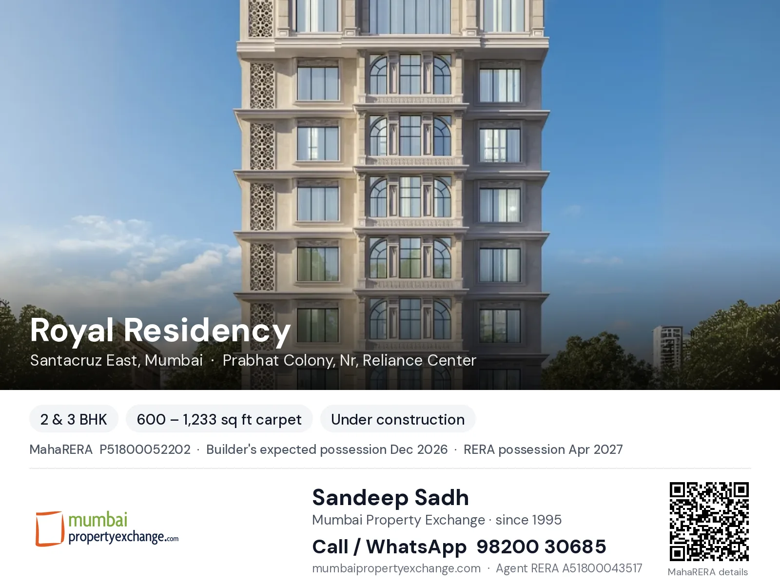 Royal Residency by Lakhanis, Santacruz East, Mumbai — 2 & 3 BHK new project, builder's expected possession Dec 2026, RERA possession Apr 2027 | Mumbai Property Exchange, Sandeep Sadh 98200 30685