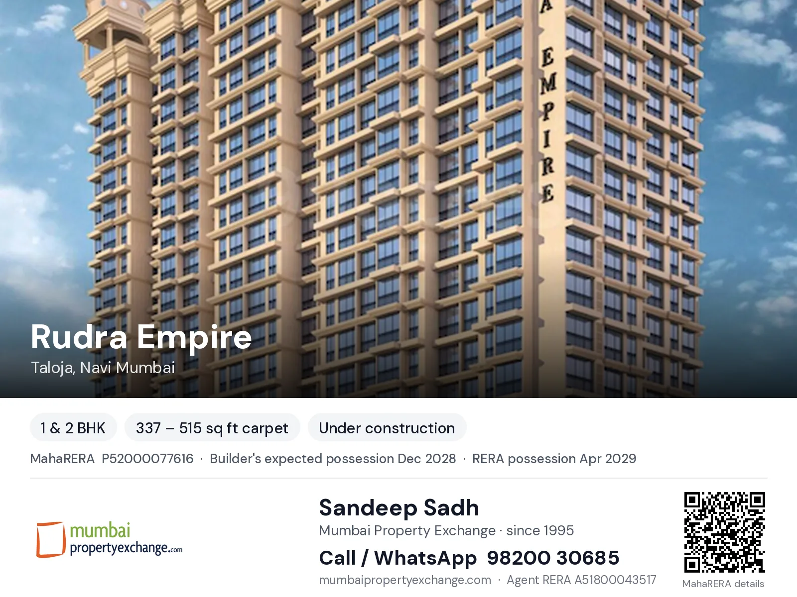 Rudra Empire, Taloja, Navi Mumbai — 1 & 2 BHK new project, builder's expected possession Dec 2028, RERA possession Apr 2029 | Mumbai Property Exchange, Sandeep Sadh 98200 30685