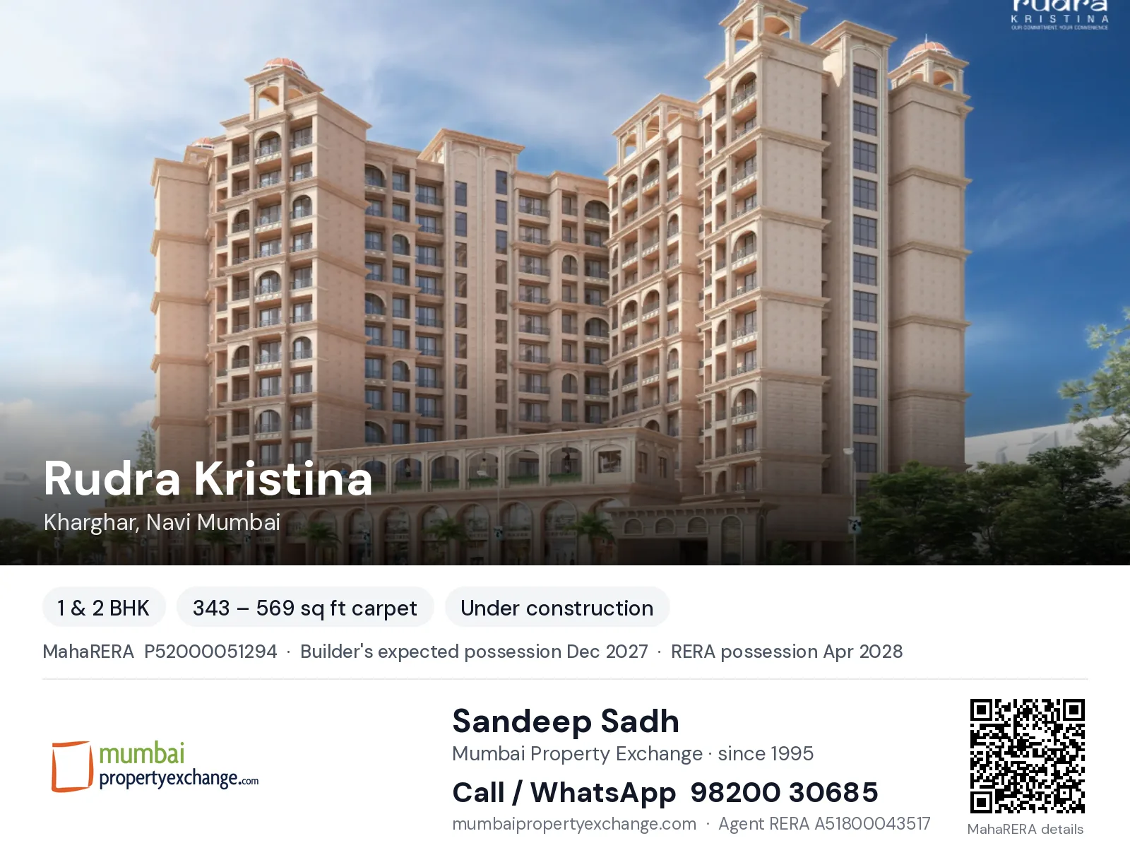 Rudra Kristina, Kharghar, Navi Mumbai — 1 & 2 BHK new project, builder's expected possession Dec 2027, RERA possession Apr 2028 | Mumbai Property Exchange, Sandeep Sadh 98200 30685