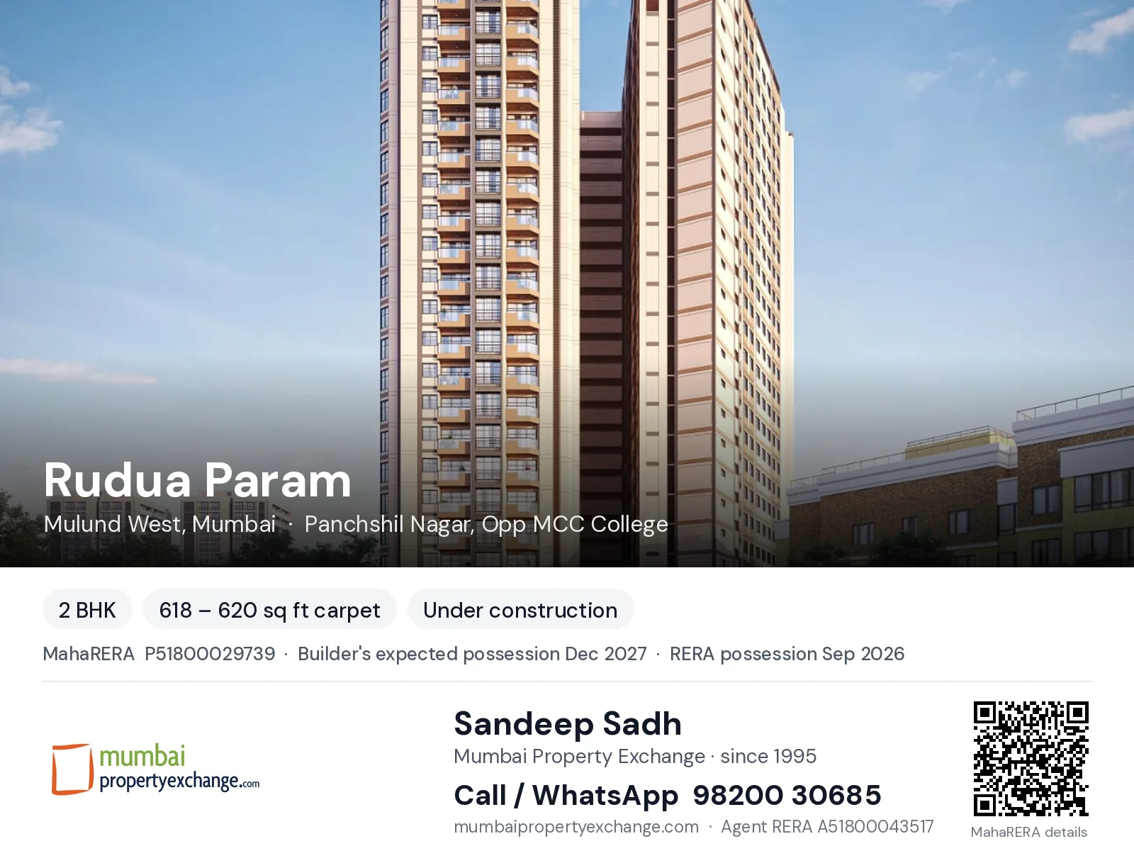 Rudua Param, Mulund West, Mumbai — 2 BHK new project, builder's expected possession Dec 2027, RERA possession Sep 2026 | Mumbai Property Exchange, Sandeep Sadh 98200 30685