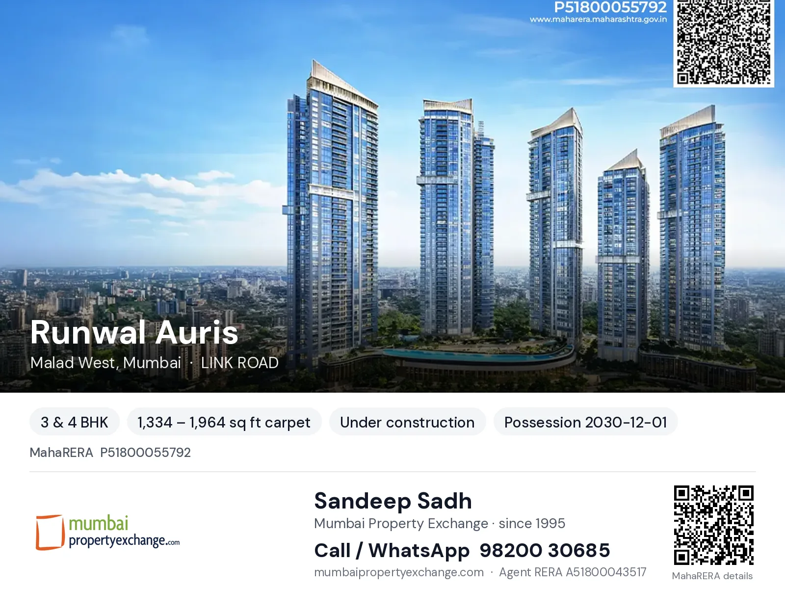 Runwal Auris, Malad West, Mumbai — 3 & 4 BHK new project, possession 2030-12-01 | Mumbai Property Exchange, Sandeep Sadh 98200 30685