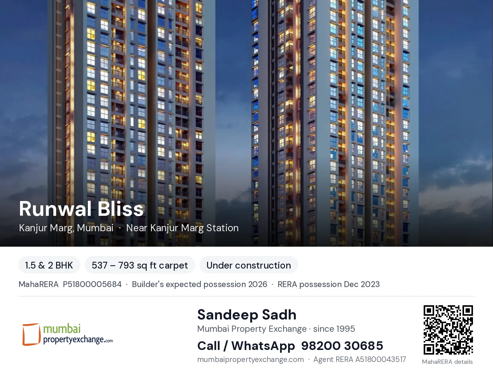 Runwal Bliss, Kanjur Marg, Mumbai — 1.5 & 2 BHK new project, builder's expected possession 2026, RERA possession Dec 2023 | Mumbai Property Exchange, Sandeep Sadh 98200 30685
