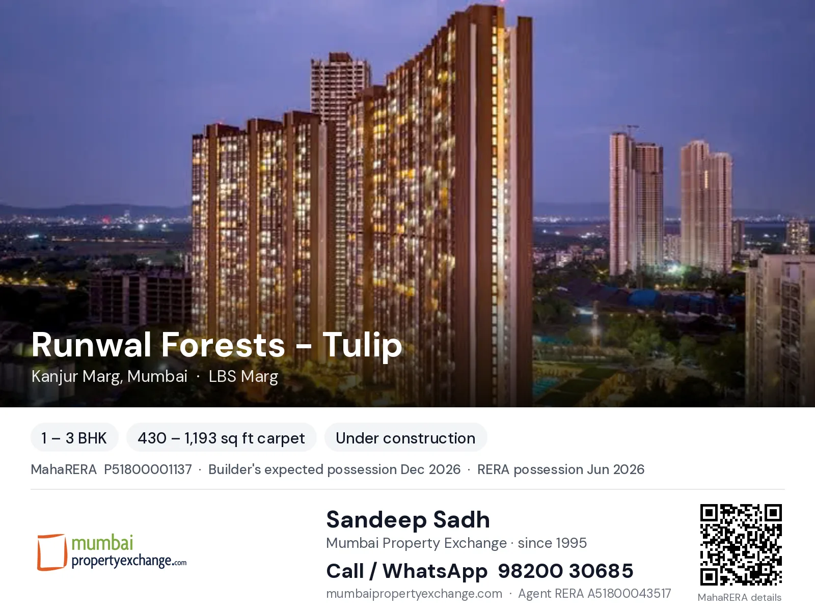 Runwal Forests - Tulip, Kanjur Marg, Mumbai — 1 – 3 BHK new project, builder's expected possession Dec 2026, RERA possession Jun 2026 | Mumbai Property Exchange, Sandeep Sadh 98200 30685