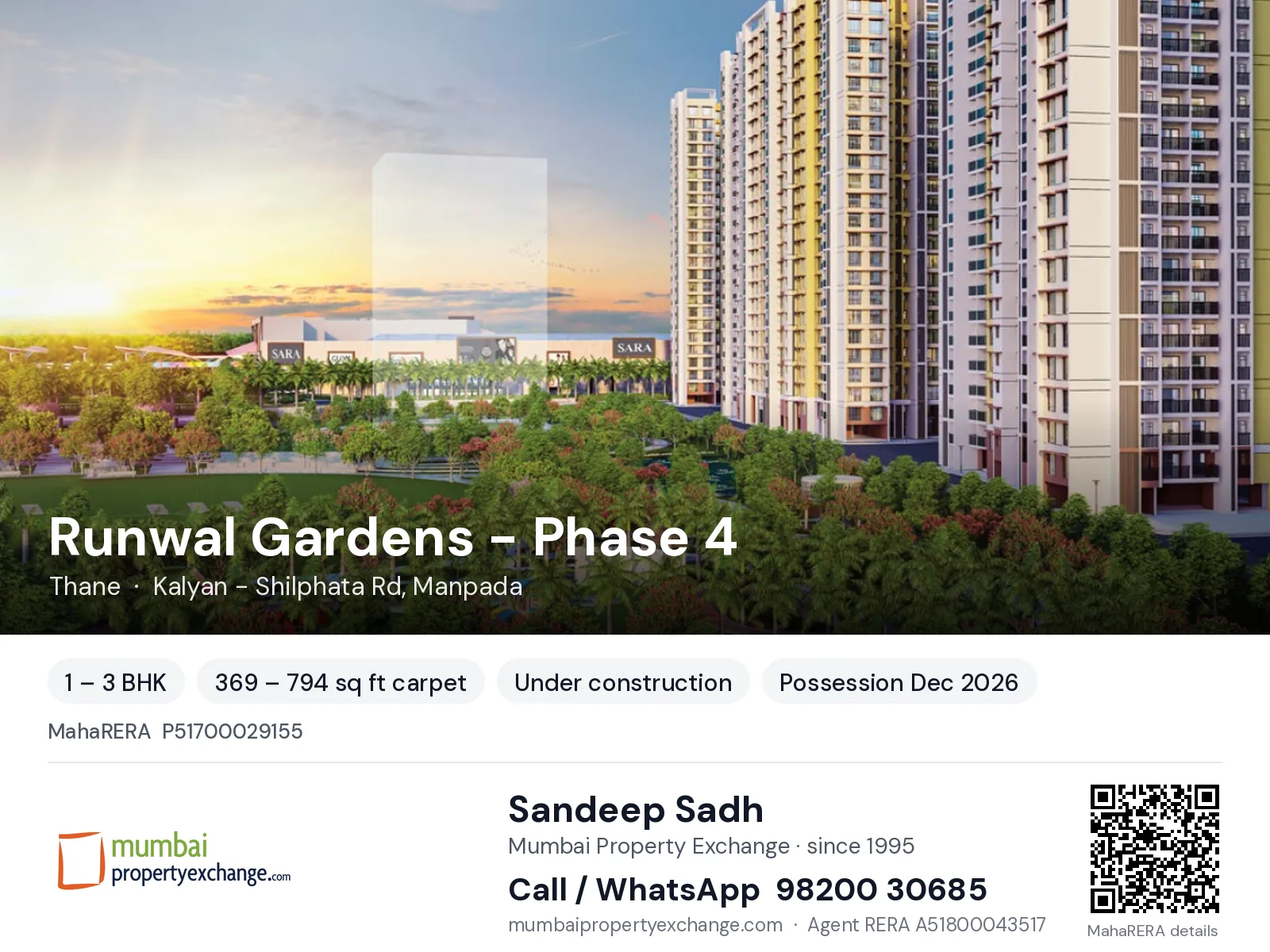 Runwal Gardens - Phase 4, Thane — 1 – 3 BHK new project, possession Dec 2026 | Mumbai Property Exchange, Sandeep Sadh 98200 30685