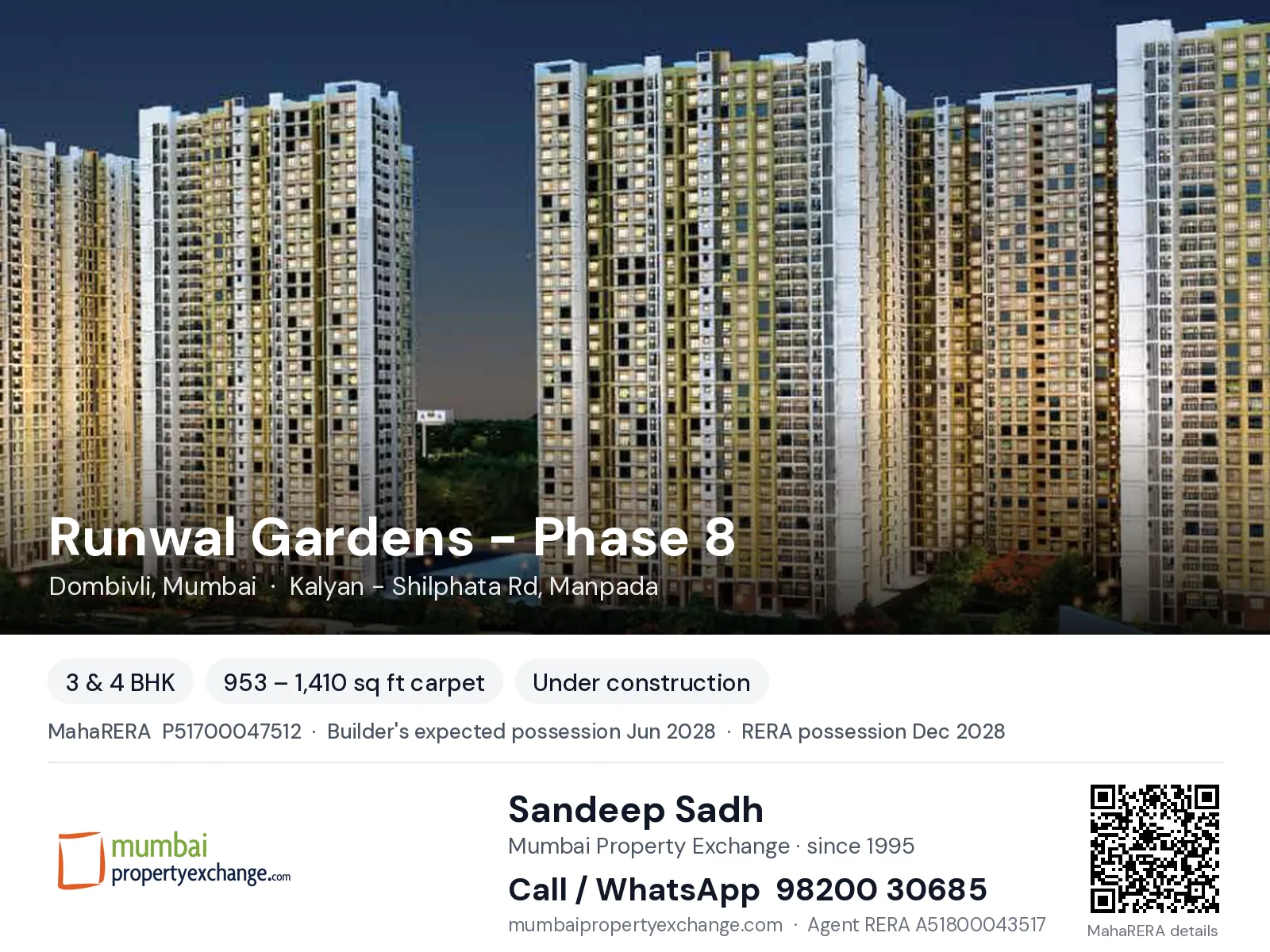 Runwal Gardens - Phase 8, Dombivli, Mumbai — 3 & 4 BHK new project, builder's expected possession Jun 2028, RERA possession Dec 2028 | Mumbai Property Exchange, Sandeep Sadh 98200 30685