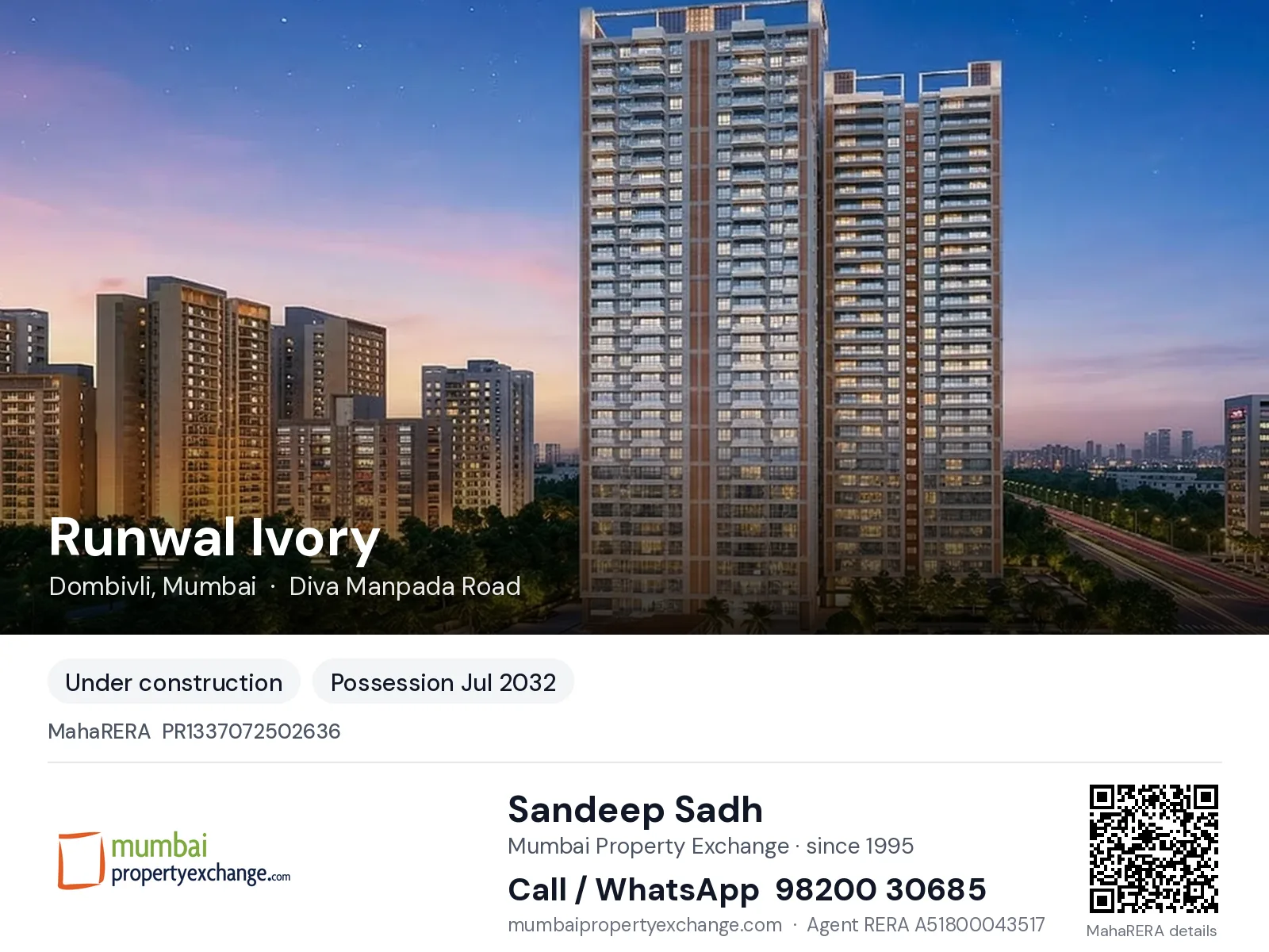 Runwal Ivory, Dombivli, Mumbai — new project, possession Jul 2032 | Mumbai Property Exchange, Sandeep Sadh 98200 30685