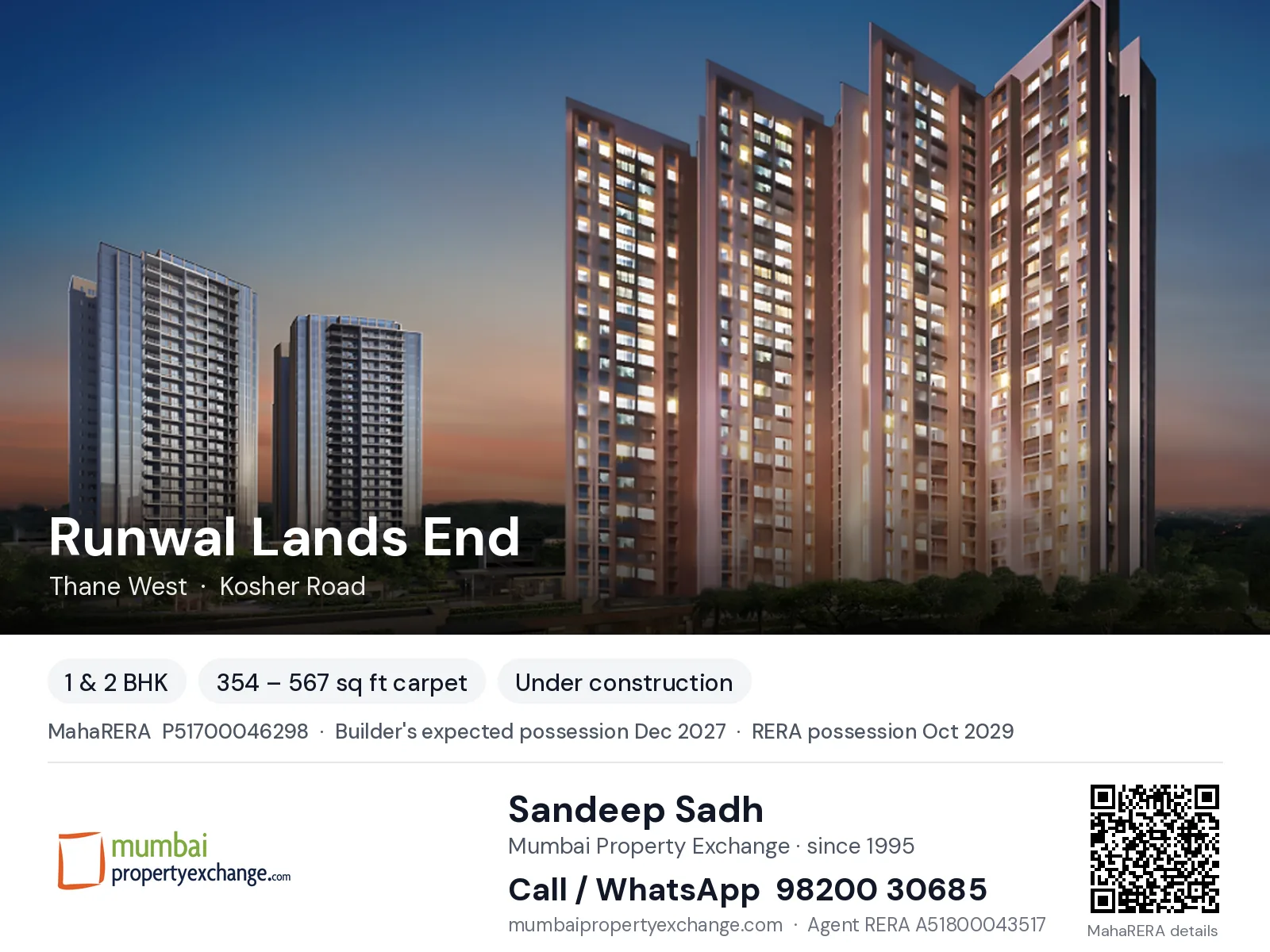 Runwal Lands End, Thane West — 1 & 2 BHK new project, builder's expected possession Dec 2027, RERA possession Oct 2029 | Mumbai Property Exchange, Sandeep Sadh 98200 30685