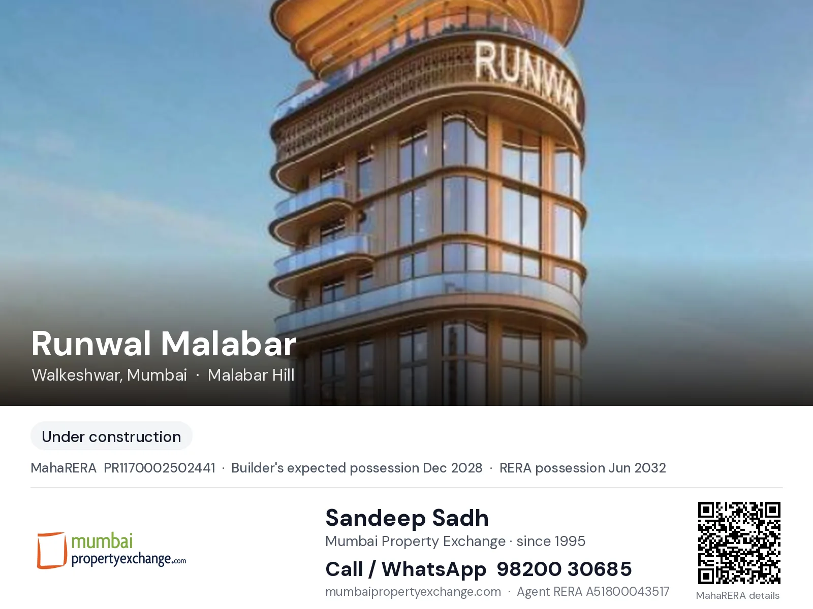 Runwal Malabar, Walkeshwar, Mumbai — new project, builder's expected possession Dec 2028, RERA possession Jun 2032 | Mumbai Property Exchange, Sandeep Sadh 98200 30685