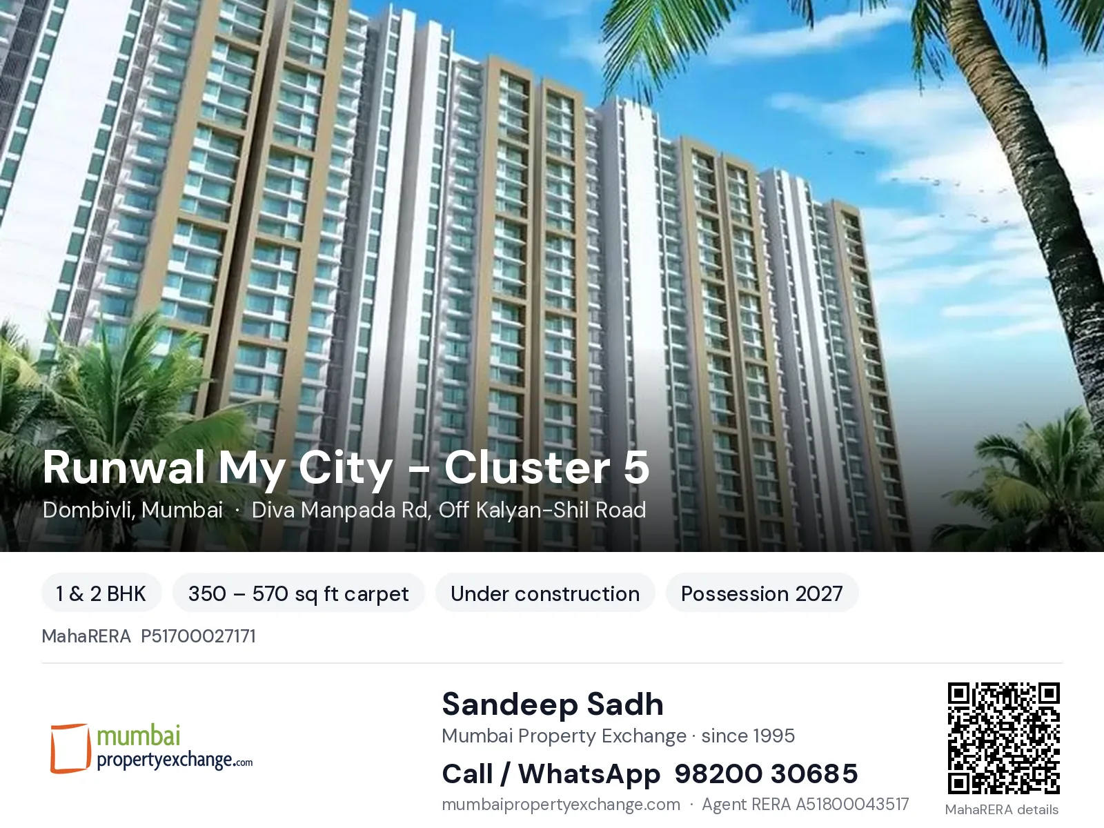 Runwal My City - Cluster 5, Dombivli, Mumbai — 1 & 2 BHK new project, possession 2027 | Mumbai Property Exchange, Sandeep Sadh 98200 30685