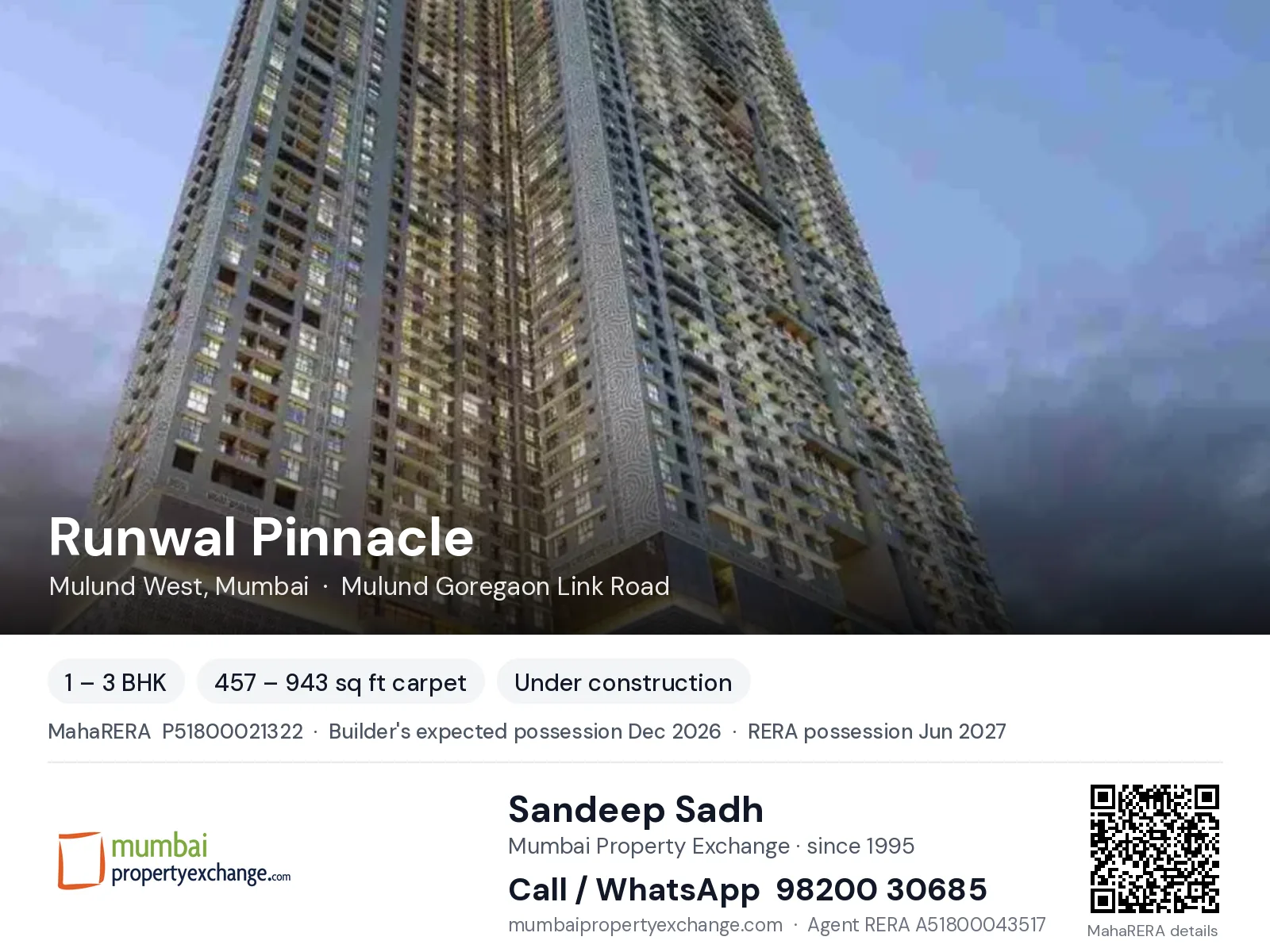 Runwal Pinnacle, Mulund West, Mumbai — 1 – 3 BHK new project, builder's expected possession Dec 2026, RERA possession Jun 2027 | Mumbai Property Exchange, Sandeep Sadh 98200 30685