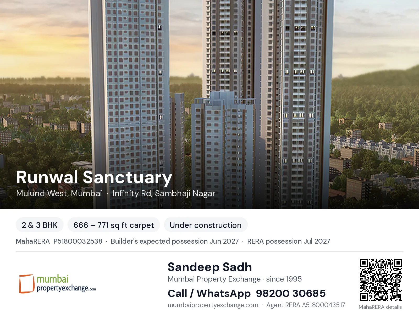 Runwal Sanctuary, Mulund West, Mumbai — 2 & 3 BHK new project, builder's expected possession Jun 2027, RERA possession Jul 2027 | Mumbai Property Exchange, Sandeep Sadh 98200 30685
