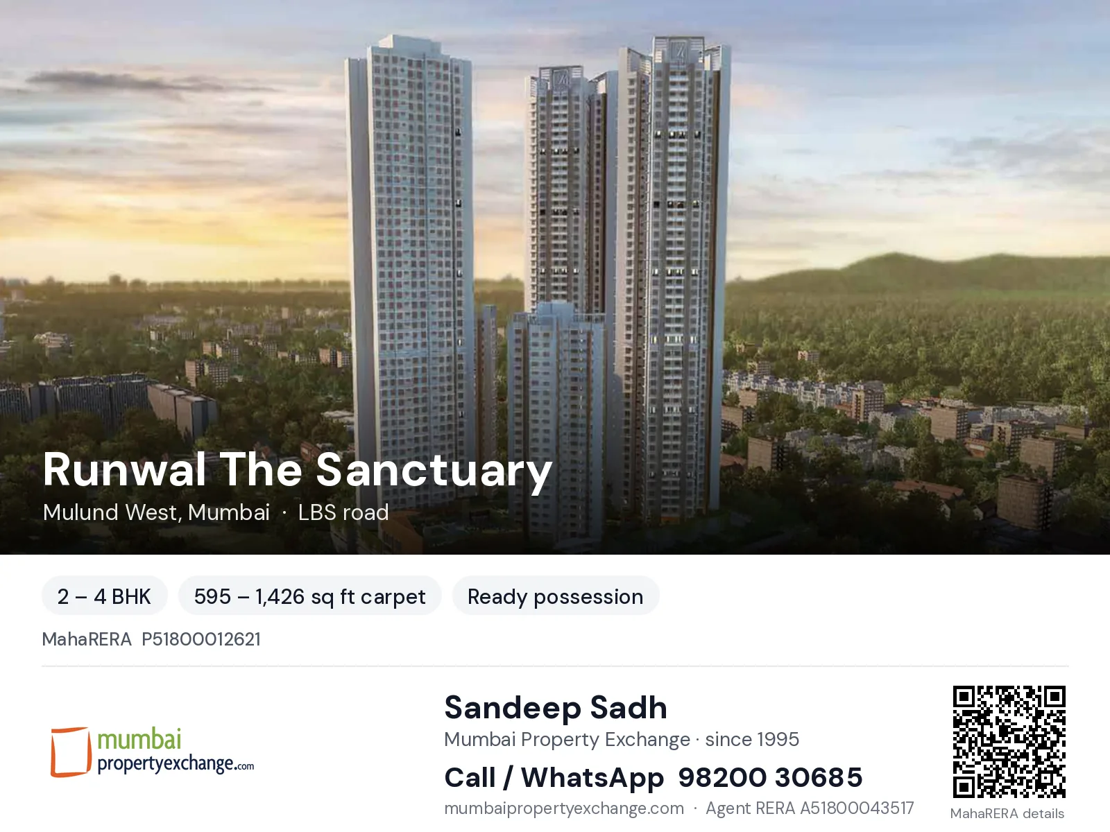 Runwal The Sanctuary, Mulund West, Mumbai — 2 – 4 BHK ready-to-move project | Mumbai Property Exchange, Sandeep Sadh 98200 30685