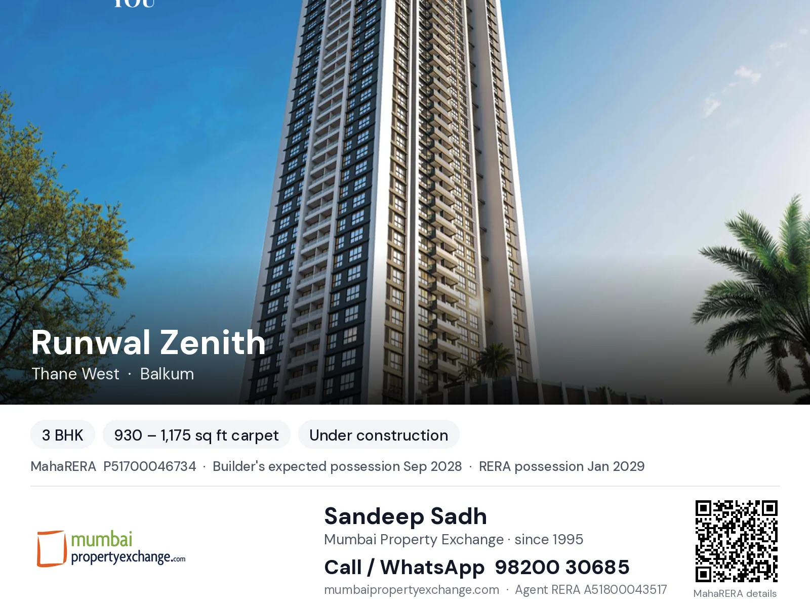 Runwal Zenith, Thane West — 3 BHK new project, builder's expected possession Sep 2028, RERA possession Jan 2029 | Mumbai Property Exchange, Sandeep Sadh 98200 30685