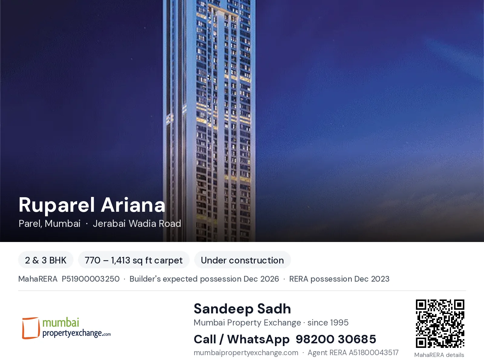 Ruparel Ariana, Parel, Mumbai — 2 & 3 BHK new project, builder's expected possession Dec 2026, RERA possession Dec 2023 | Mumbai Property Exchange, Sandeep Sadh 98200 30685