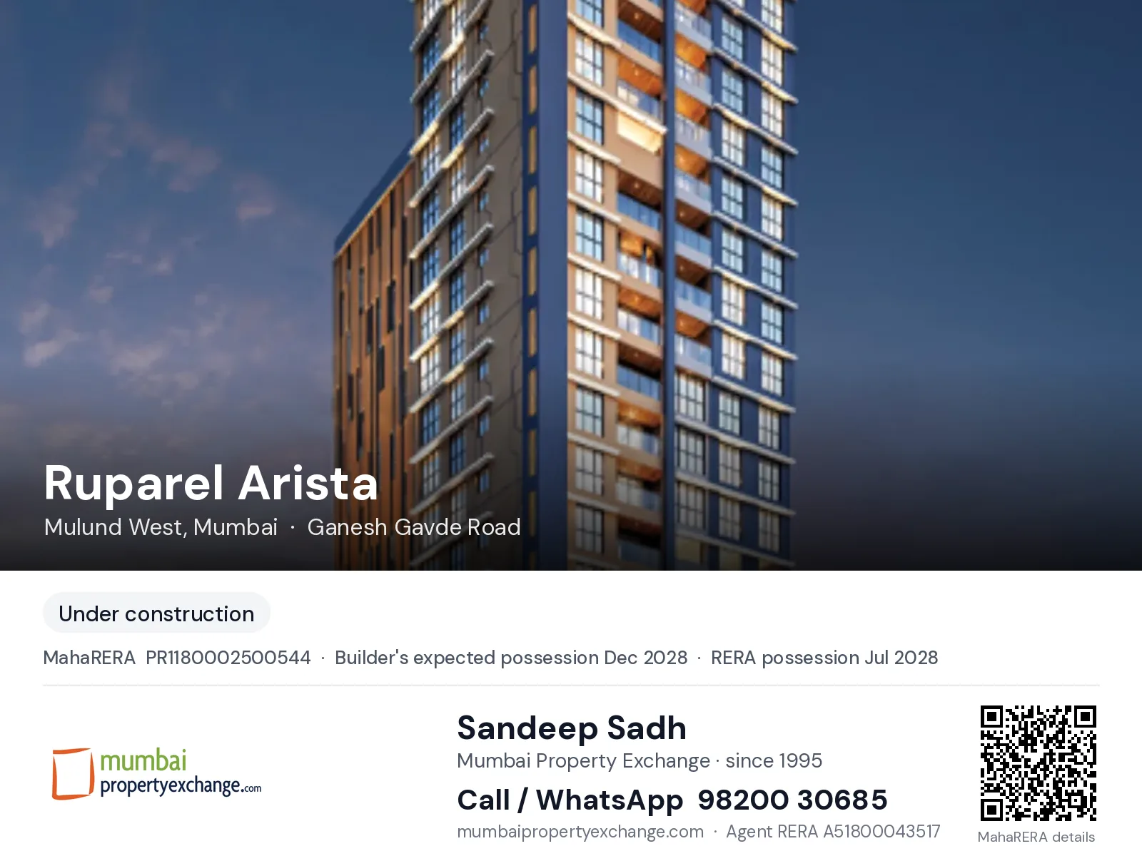 Ruparel Arista, Mulund West, Mumbai — new project, builder's expected possession Dec 2028, RERA possession Jul 2028 | Mumbai Property Exchange, Sandeep Sadh 98200 30685