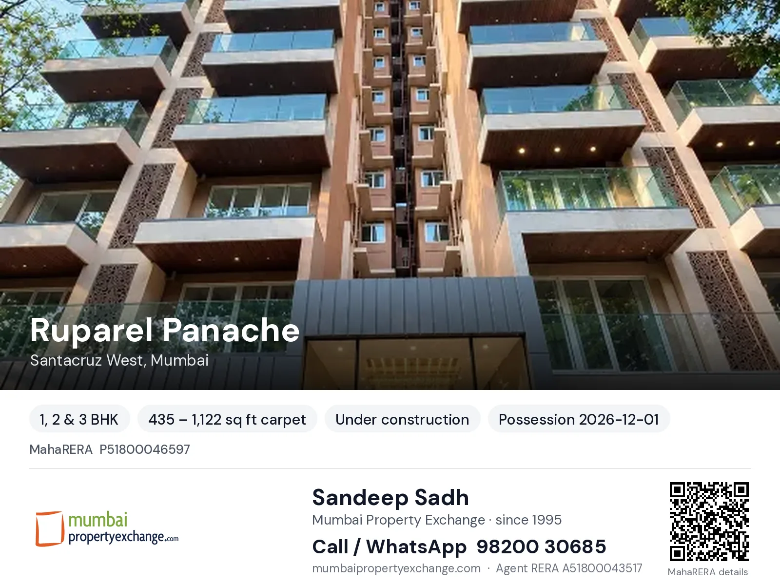 Ruparel Panache, Santacruz West, Mumbai — 1, 2 & 3 BHK new project, possession 2026-12-01 | Mumbai Property Exchange, Sandeep Sadh 98200 30685