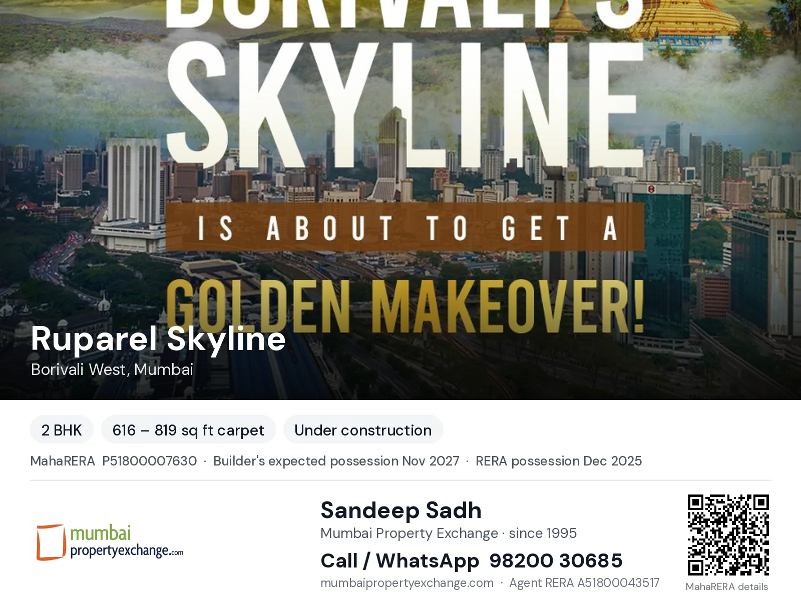 Ruparel Skyline, Borivali West, Mumbai — 2 BHK new project, builder's expected possession Nov 2027, RERA possession Dec 2025 | Mumbai Property Exchange, Sandeep Sadh 98200 30685