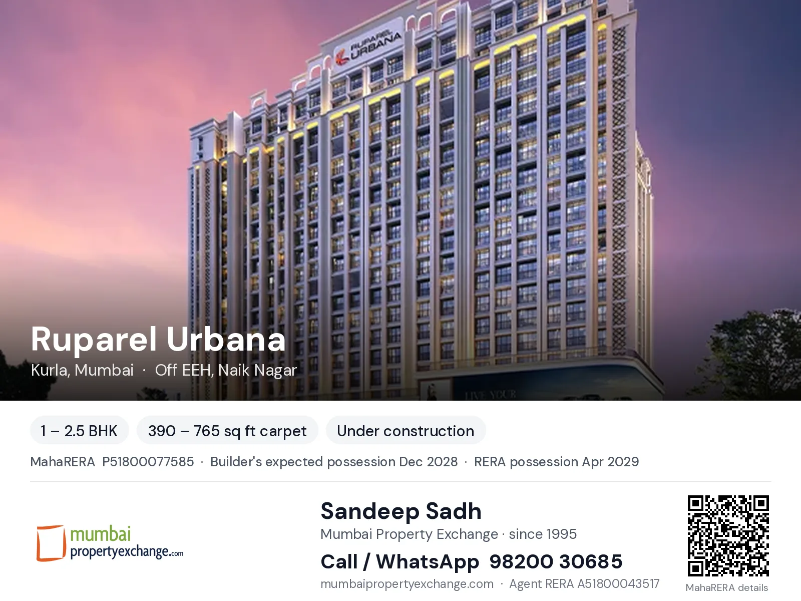 Ruparel Urbana, Kurla, Mumbai — 1 – 2.5 BHK new project, builder's expected possession Dec 2028, RERA possession Apr 2029 | Mumbai Property Exchange, Sandeep Sadh 98200 30685