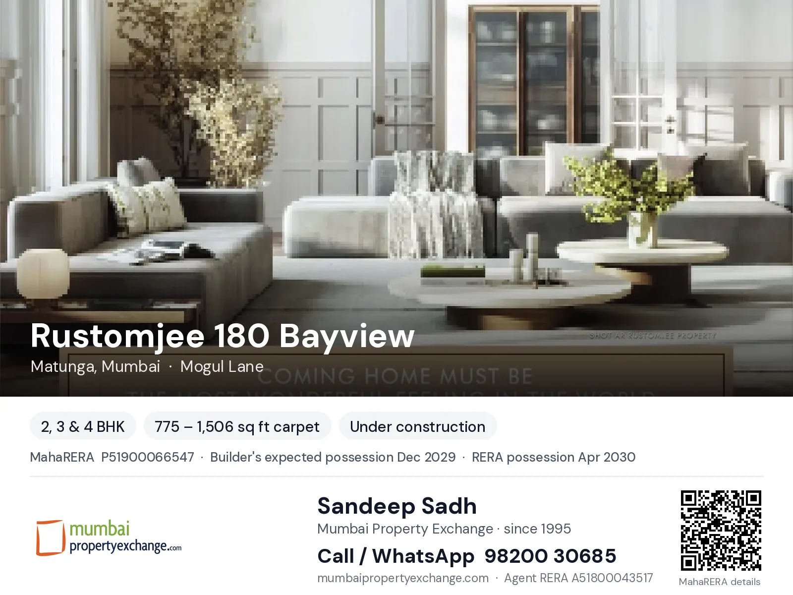 Rustomjee 180 Bayview, Matunga, Mumbai — 2, 3 & 4 BHK new project, builder's expected possession Dec 2029, RERA possession Apr 2030 | Mumbai Property Exchange, Sandeep Sadh 98200 30685