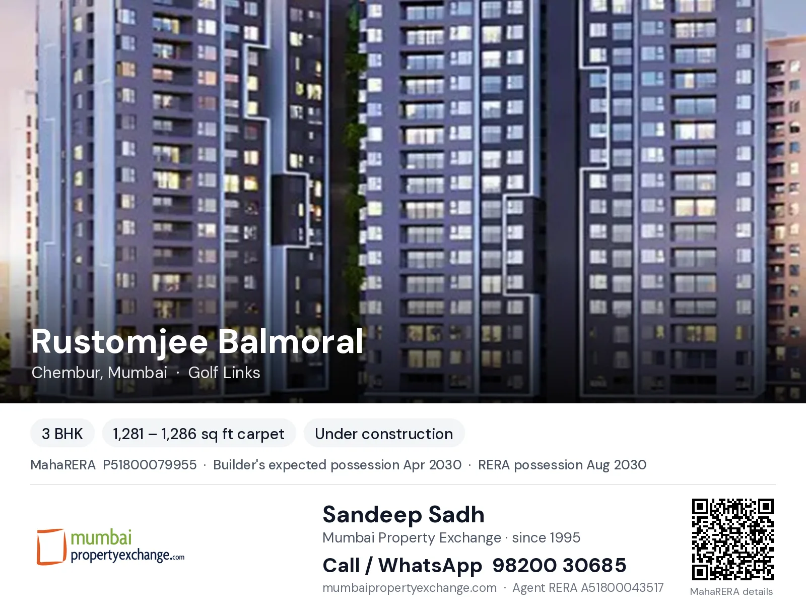 Rustomjee Balmoral, Chembur, Mumbai — 3 BHK new project, builder's expected possession Apr 2030, RERA possession Aug 2030 | Mumbai Property Exchange, Sandeep Sadh 98200 30685