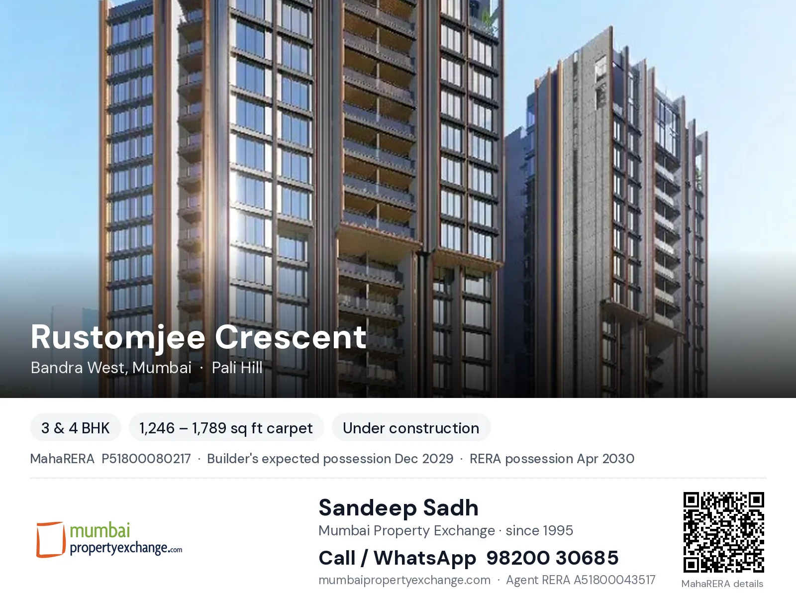 Rustomjee Crescent, Bandra West, Mumbai — 3 & 4 BHK new project, builder's expected possession Dec 2029, RERA possession Apr 2030 | Mumbai Property Exchange, Sandeep Sadh 98200 30685