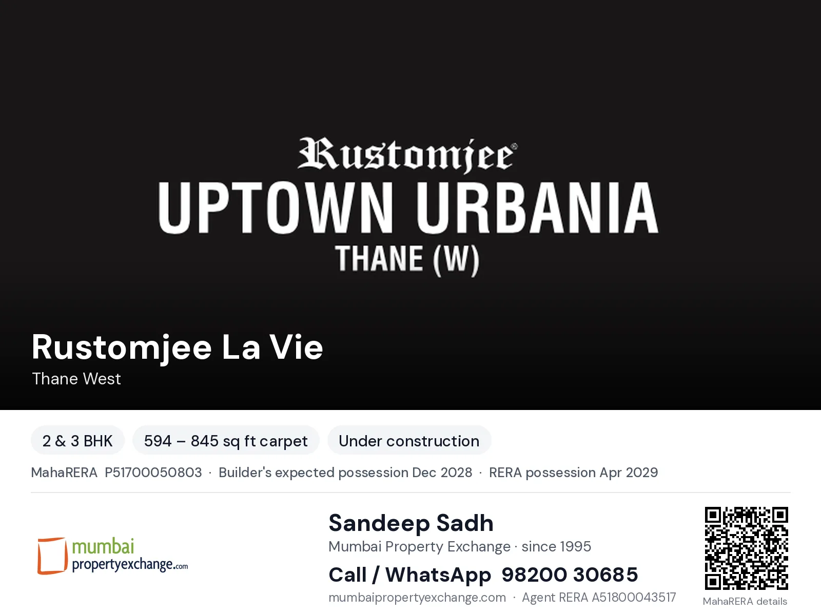 Rustomjee La Vie, Thane West — 2 & 3 BHK new project, builder's expected possession Dec 2028, RERA possession Apr 2029 | Mumbai Property Exchange, Sandeep Sadh 98200 30685
