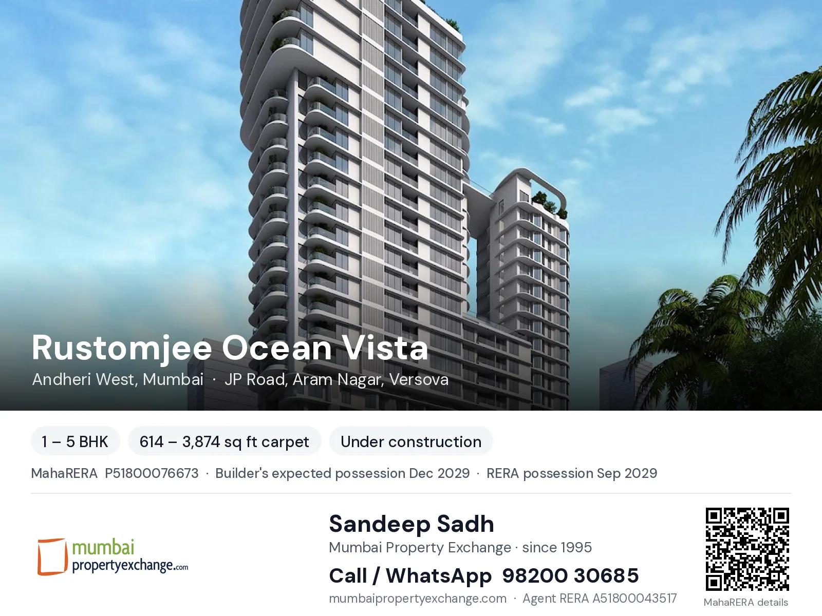 Rustomjee Ocean Vista, Andheri West, Mumbai — 1 – 5 BHK new project, builder's expected possession Dec 2029, RERA possession Sep 2029 | Mumbai Property Exchange, Sandeep Sadh 98200 30685