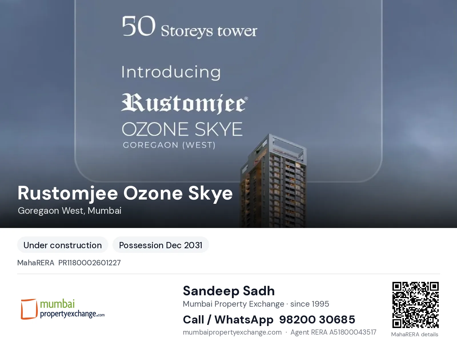 Rustomjee Ozone Skye, Goregaon West, Mumbai — new project, possession Dec 2031 | Mumbai Property Exchange, Sandeep Sadh 98200 30685