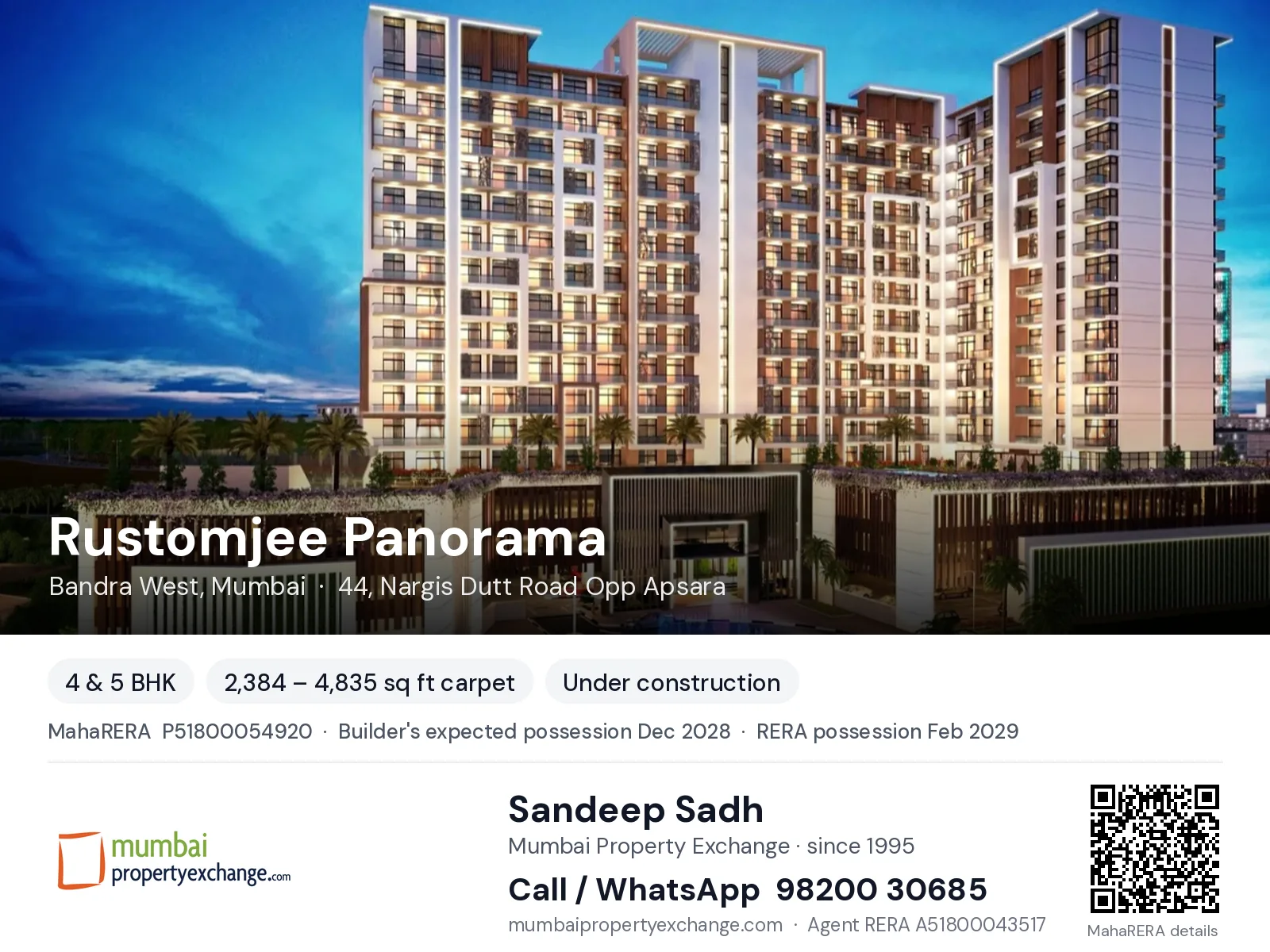 Rustomjee Panorama, Bandra West, Mumbai — 4 & 5 BHK new project, builder's expected possession Dec 2028, RERA possession Feb 2029 | Mumbai Property Exchange, Sandeep Sadh 98200 30685