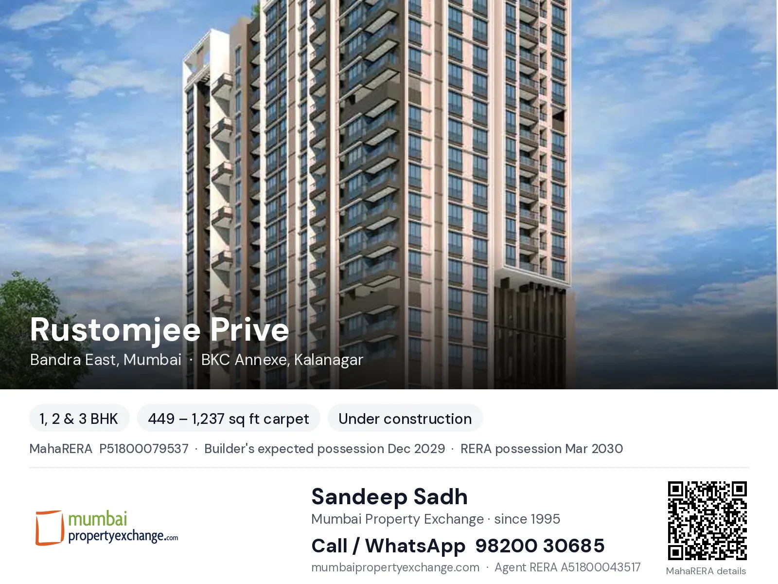 Rustomjee Prive, Bandra East, Mumbai — 1, 2 & 3 BHK new project, builder's expected possession Dec 2029, RERA possession Mar 2030 | Mumbai Property Exchange, Sandeep Sadh 98200 30685