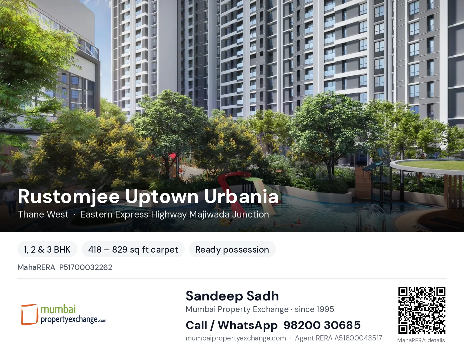 Rustomjee Uptown Urbania, Thane West — 1, 2 & 3 BHK ready-to-move project | Mumbai Property Exchange, Sandeep Sadh 98200 30685