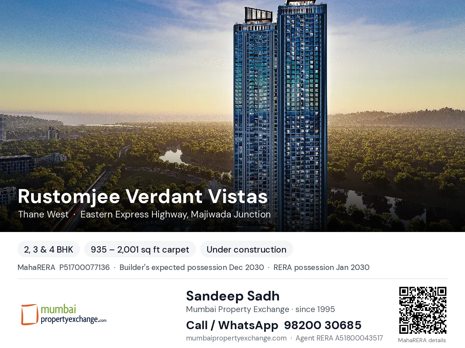 Rustomjee Verdant Vistas, Thane West — 2, 3 & 4 BHK new project, builder's expected possession Dec 2030, RERA possession Jan 2030 | Mumbai Property Exchange, Sandeep Sadh 98200 30685
