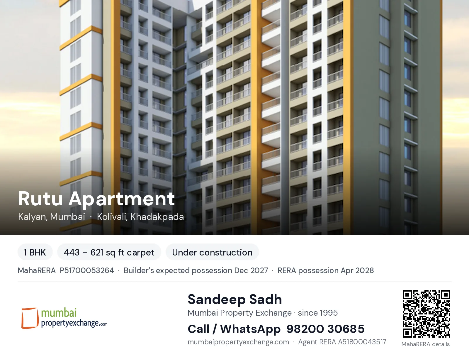 Rutu Apartment, Kalyan, Mumbai — 1 BHK new project, builder's expected possession Dec 2027, RERA possession Apr 2028 | Mumbai Property Exchange, Sandeep Sadh 98200 30685