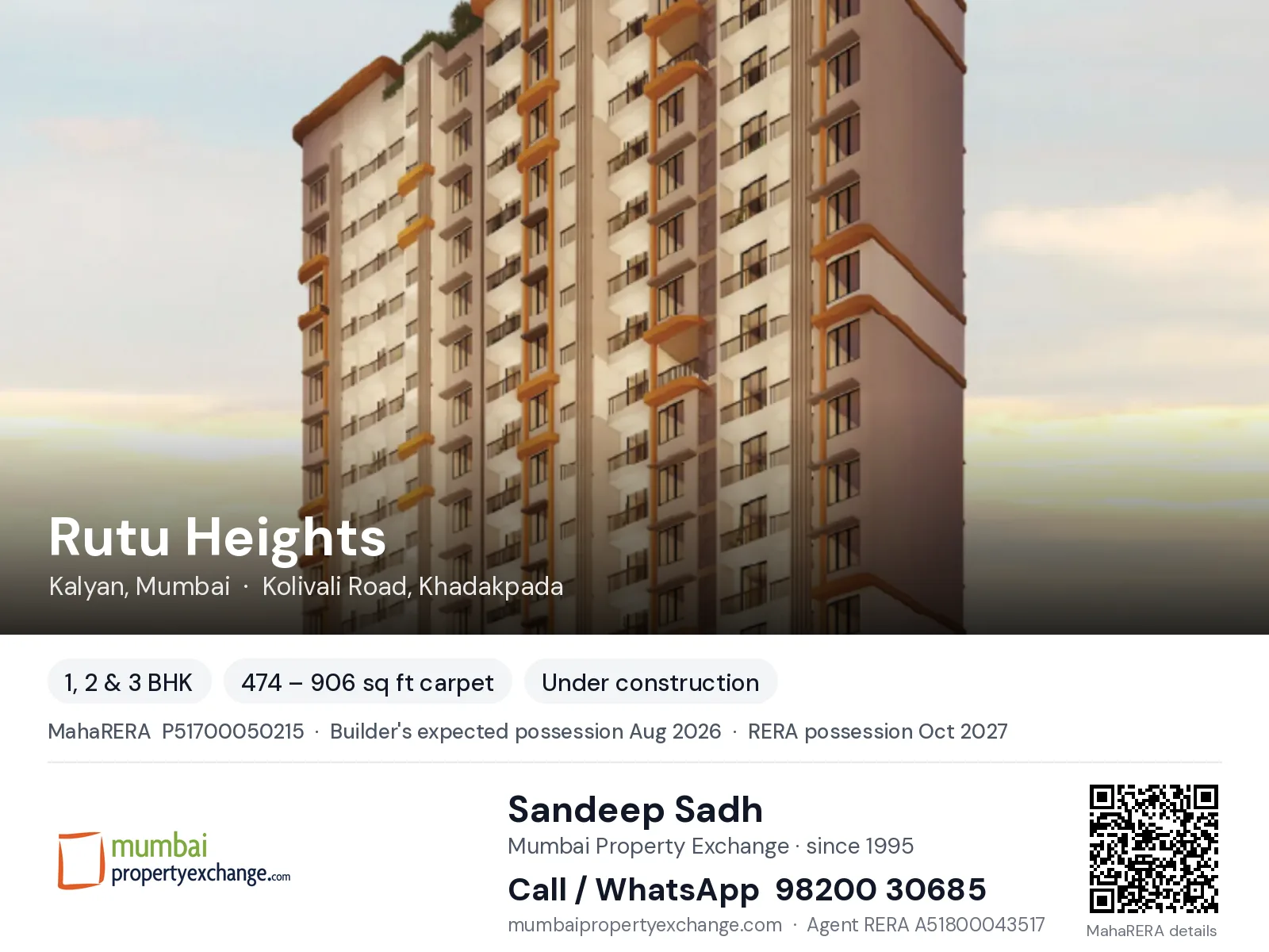 Rutu Heights, Kalyan, Mumbai — 1, 2 & 3 BHK new project, builder's expected possession Aug 2026, RERA possession Oct 2027 | Mumbai Property Exchange, Sandeep Sadh 98200 30685
