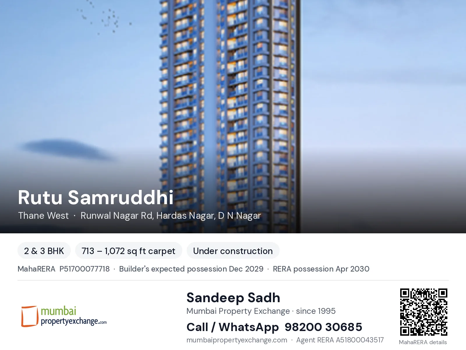 Rutu Samruddhi, Thane West — 2 & 3 BHK new project, builder's expected possession Dec 2029, RERA possession Apr 2030 | Mumbai Property Exchange, Sandeep Sadh 98200 30685