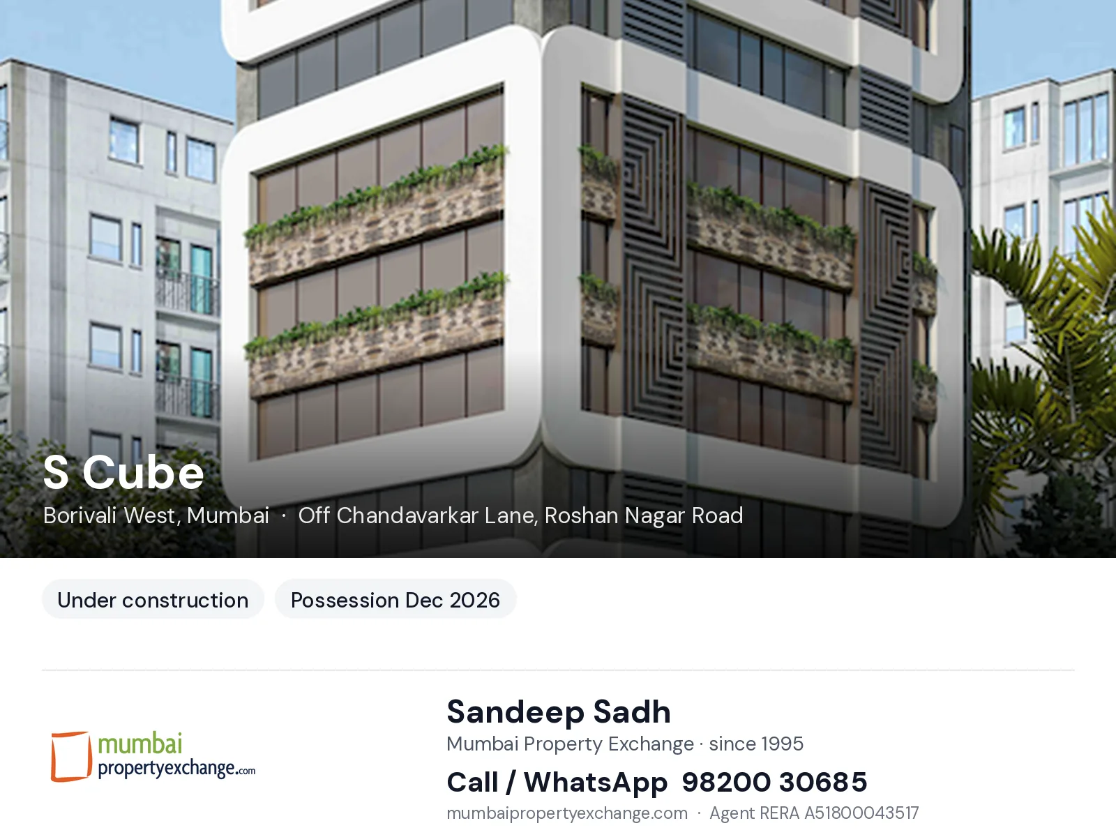 S Cube by Sai Signature, Borivali West, Mumbai — new project, possession Dec 2026 | Mumbai Property Exchange, Sandeep Sadh 98200 30685