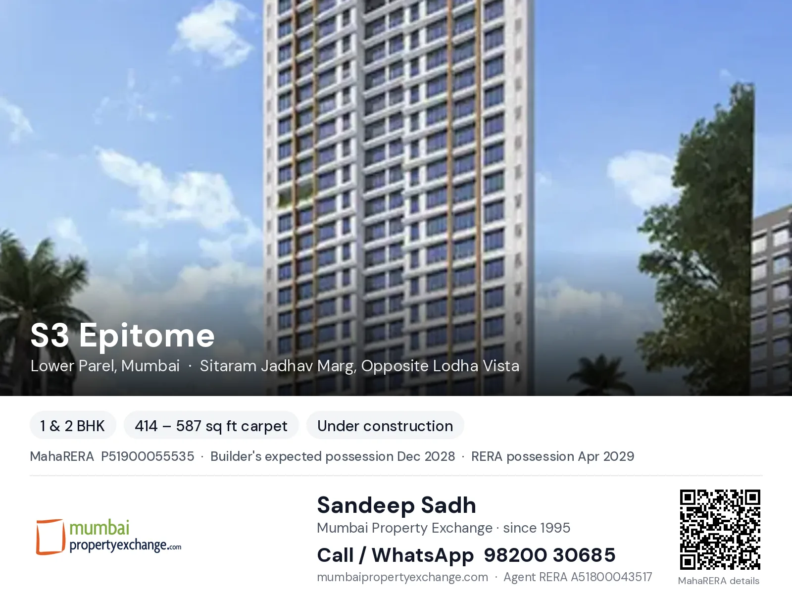 S3 Epitome, Lower Parel, Mumbai — 1 & 2 BHK new project, builder's expected possession Dec 2028, RERA possession Apr 2029 | Mumbai Property Exchange, Sandeep Sadh 98200 30685