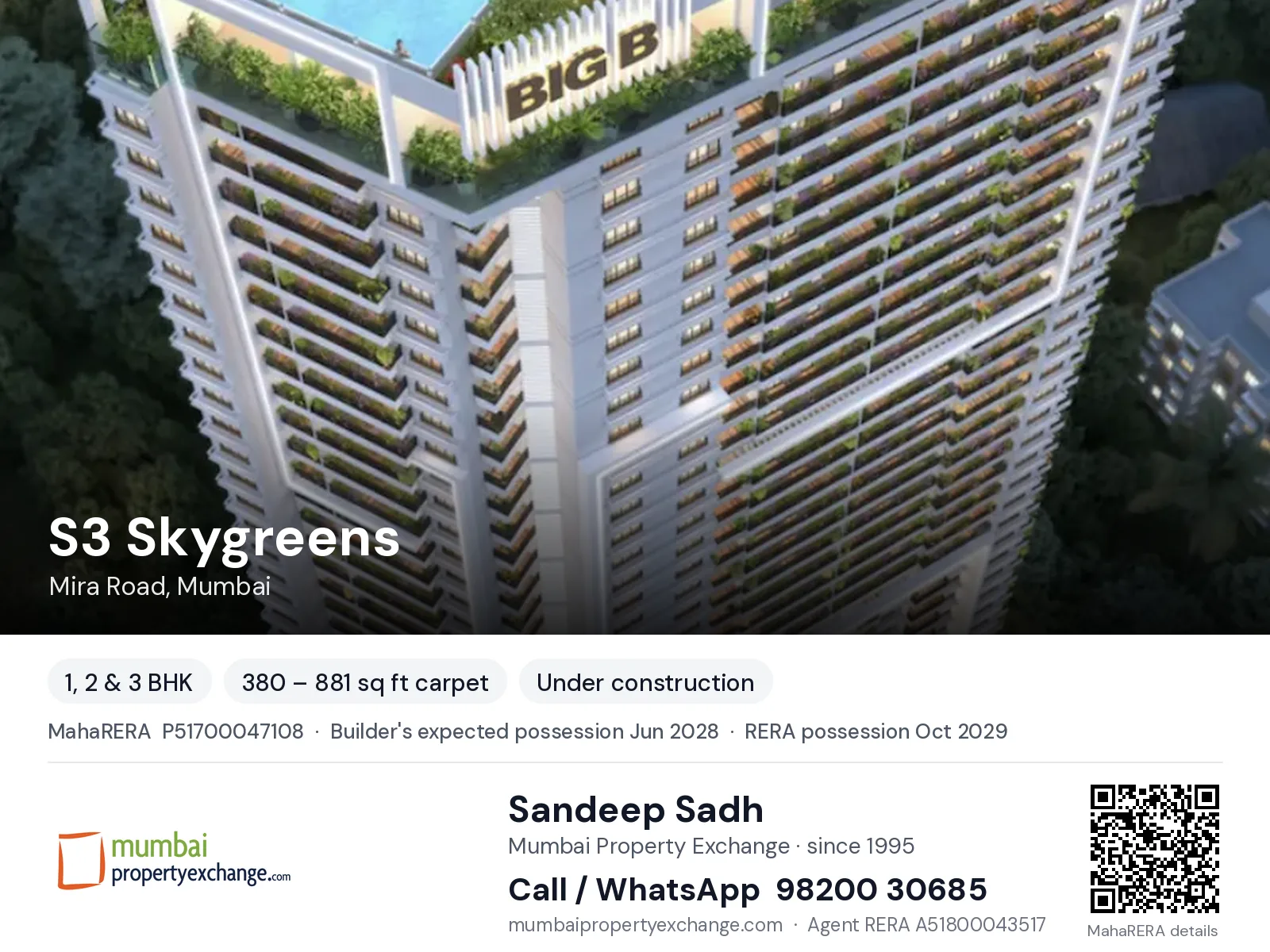 S3 Skygreens, Mira Road, Mumbai — 1, 2 & 3 BHK new project, builder's expected possession Jun 2028, RERA possession Oct 2029 | Mumbai Property Exchange, Sandeep Sadh 98200 30685