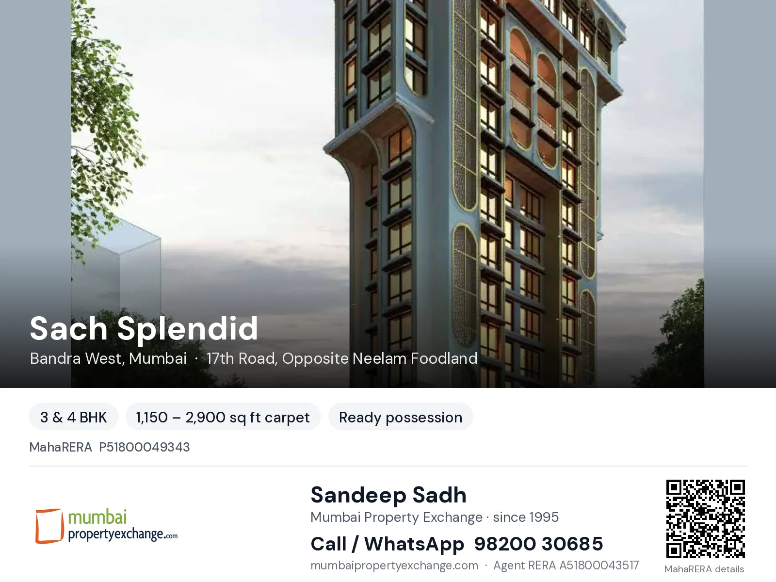 Sach Splendid, Bandra West, Mumbai — 3 & 4 BHK ready-to-move project | Mumbai Property Exchange, Sandeep Sadh 98200 30685
