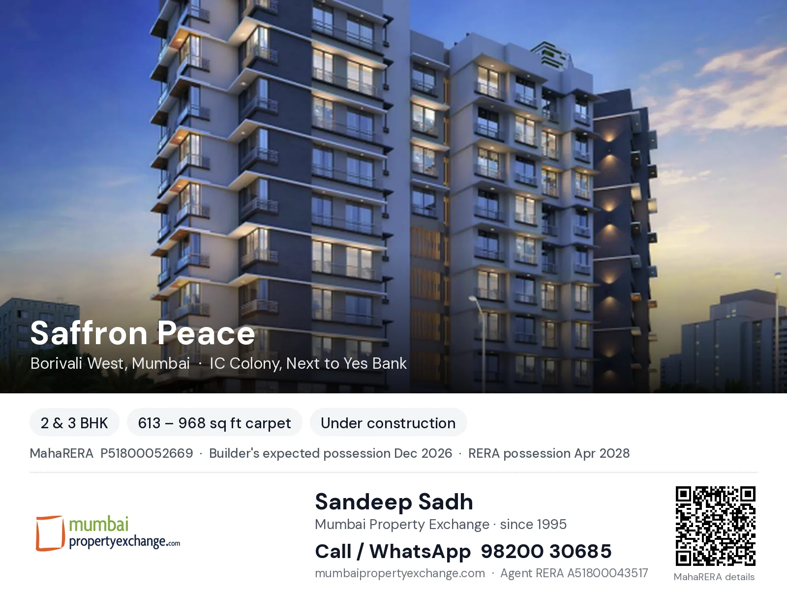 Saffron Peace by H. Rishabraj, Borivali West, Mumbai — 2 & 3 BHK new project, builder's expected possession Dec 2026, RERA possession Apr 2028 | Mumbai Property Exchange, Sandeep Sadh 98200 30685