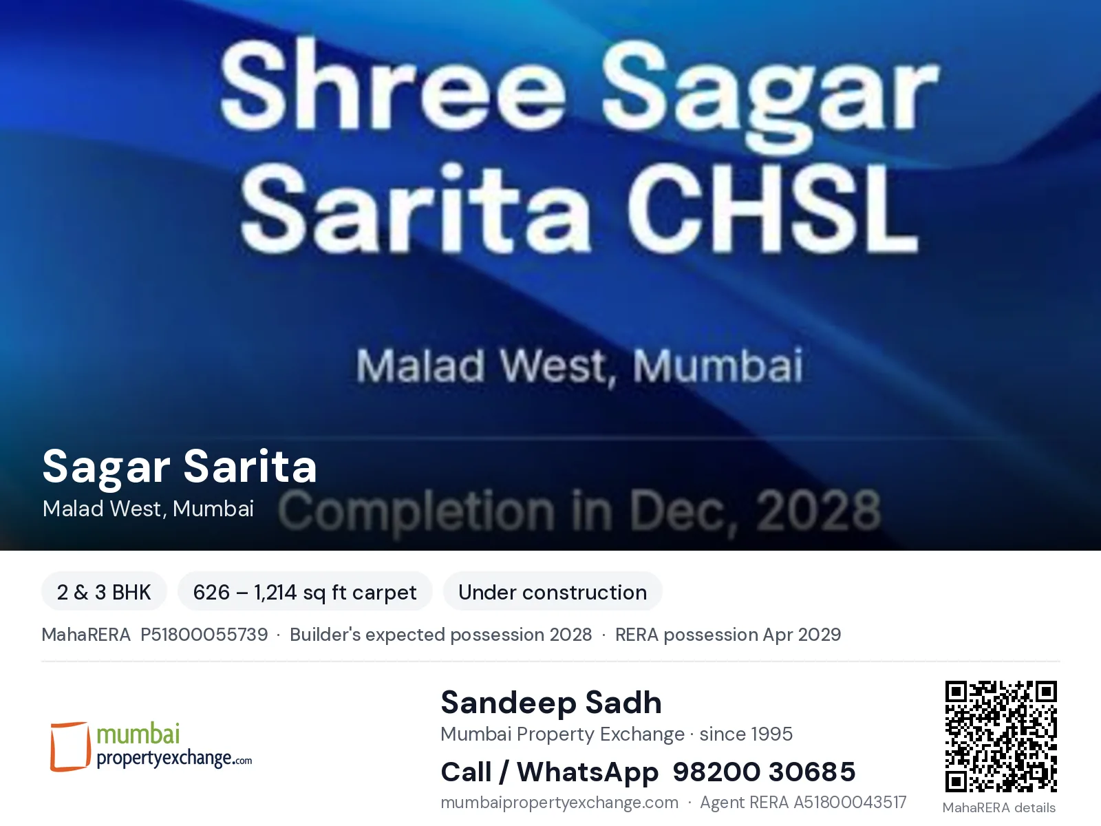 Sagar Sarita by Shree Shakti Relcon, Malad West, Mumbai — 2 & 3 BHK new project, builder's expected possession 2028, RERA possession Apr 2029 | Mumbai Property Exchange, Sandeep Sadh 98200 30685