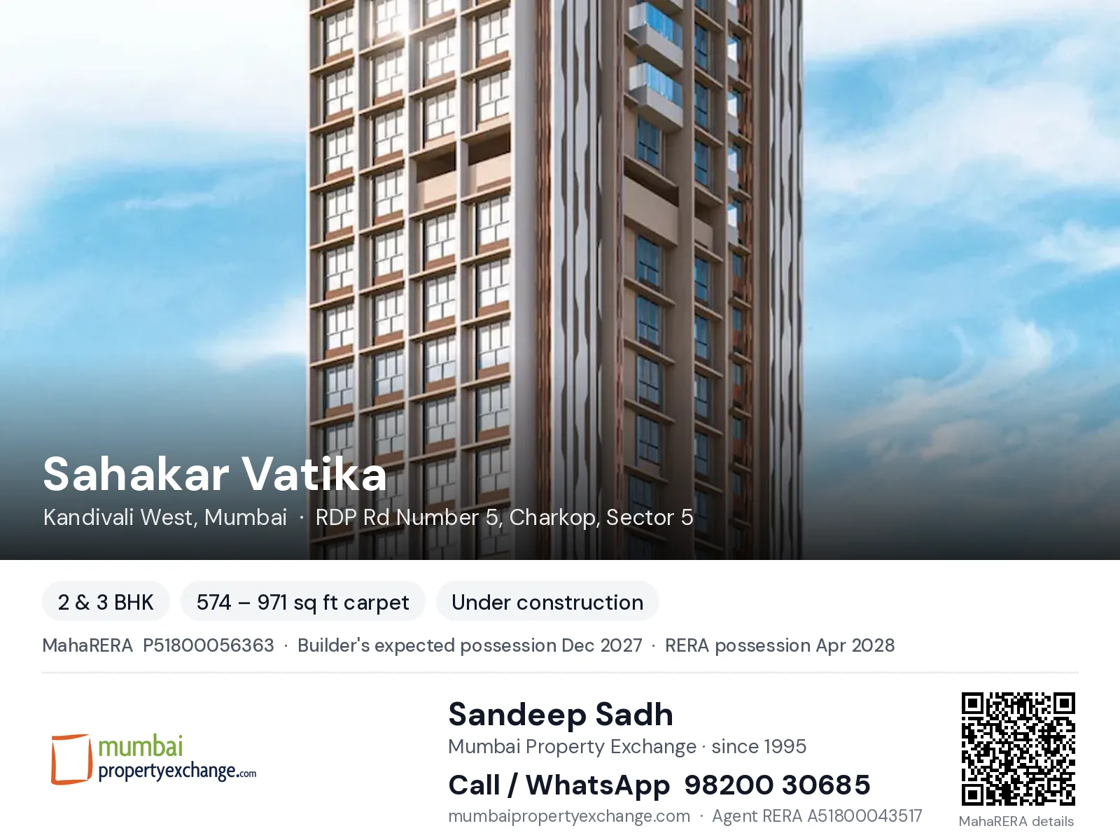 Sahakar Vatika, Kandivali West, Mumbai — 2 & 3 BHK new project, builder's expected possession Dec 2027, RERA possession Apr 2028 | Mumbai Property Exchange, Sandeep Sadh 98200 30685