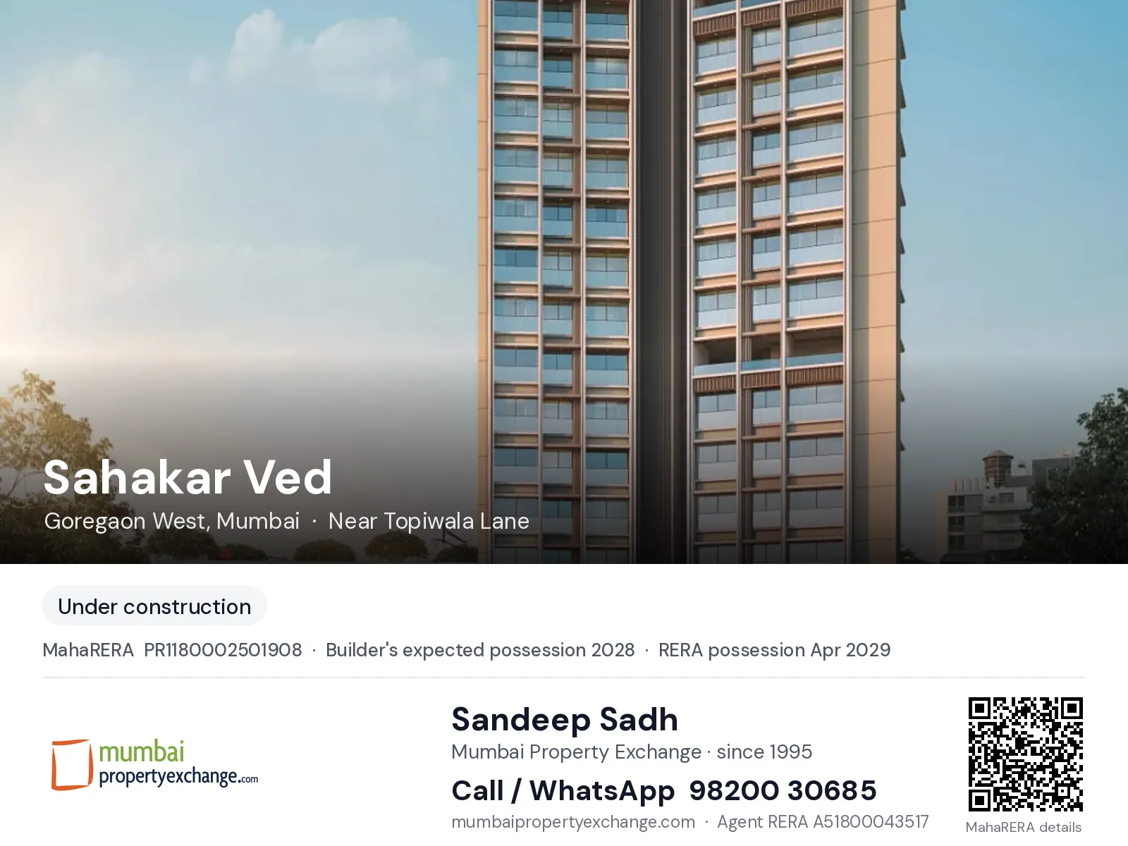 Sahakar Ved, Goregaon West, Mumbai — new project, builder's expected possession 2028, RERA possession Apr 2029 | Mumbai Property Exchange, Sandeep Sadh 98200 30685