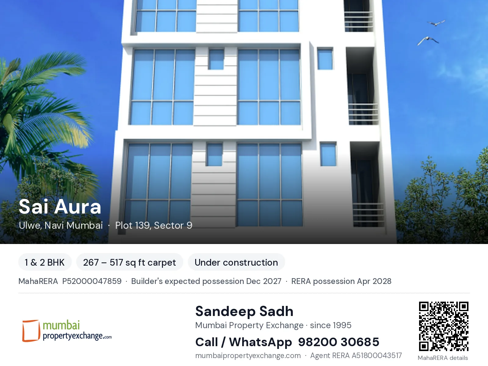Sai Aura by Divine, Ulwe, Navi Mumbai — 1 & 2 BHK new project, builder's expected possession Dec 2027, RERA possession Apr 2028 | Mumbai Property Exchange, Sandeep Sadh 98200 30685