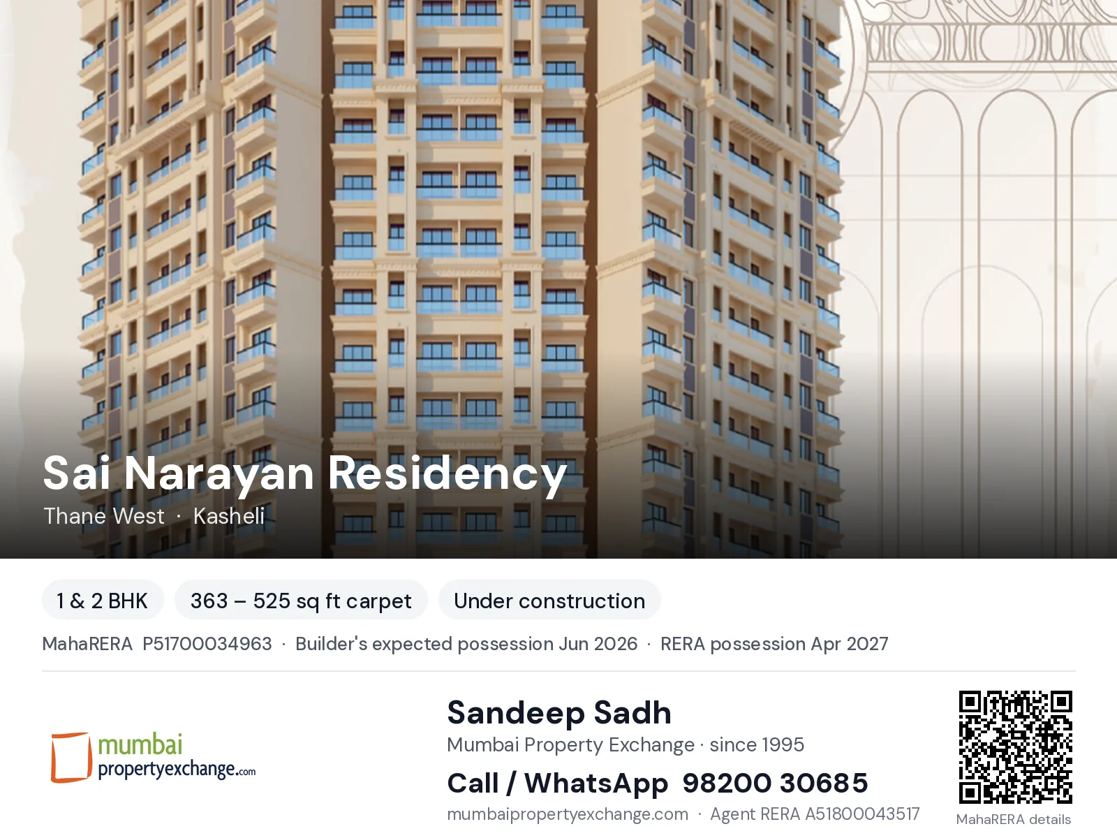Sai Narayan Residency by MM Landmark, Thane West — 1 & 2 BHK new project, builder's expected possession Jun 2026, RERA possession Apr 2027 | Mumbai Property Exchange, Sandeep Sadh 98200 30685