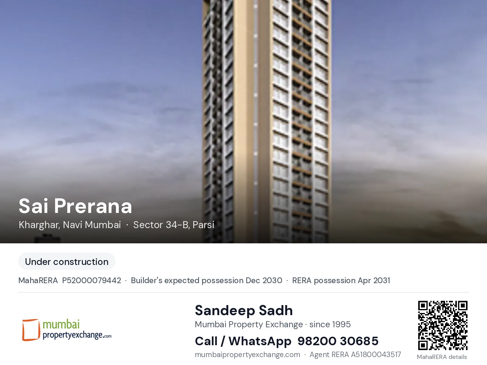 Sai Prerana by Paradise, Kharghar, Navi Mumbai — new project, builder's expected possession Dec 2030, RERA possession Apr 2031 | Mumbai Property Exchange, Sandeep Sadh 98200 30685