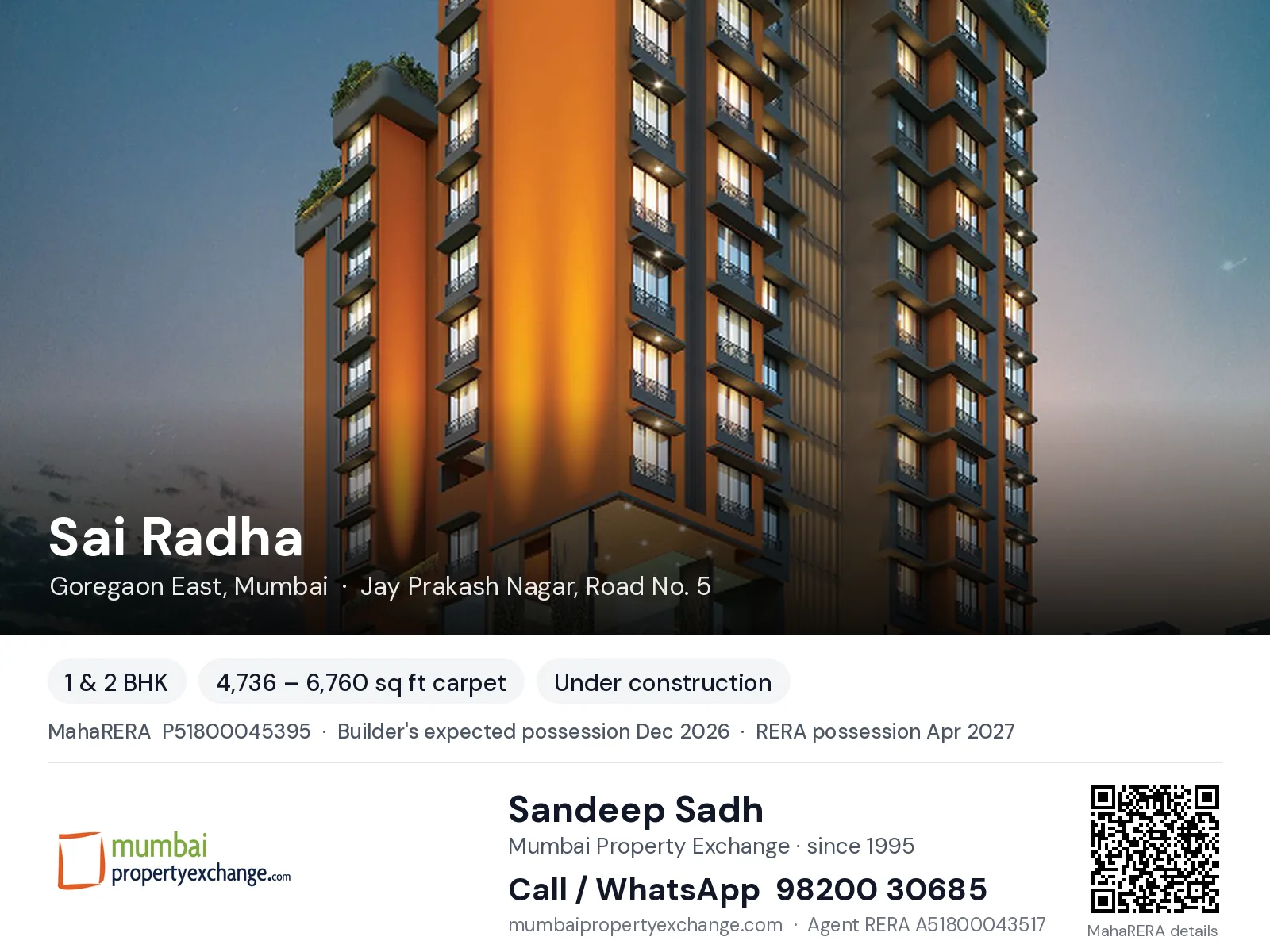Sai Radha by Sainath, Goregaon East, Mumbai — 1 & 2 BHK new project, builder's expected possession Dec 2026, RERA possession Apr 2027 | Mumbai Property Exchange, Sandeep Sadh 98200 30685