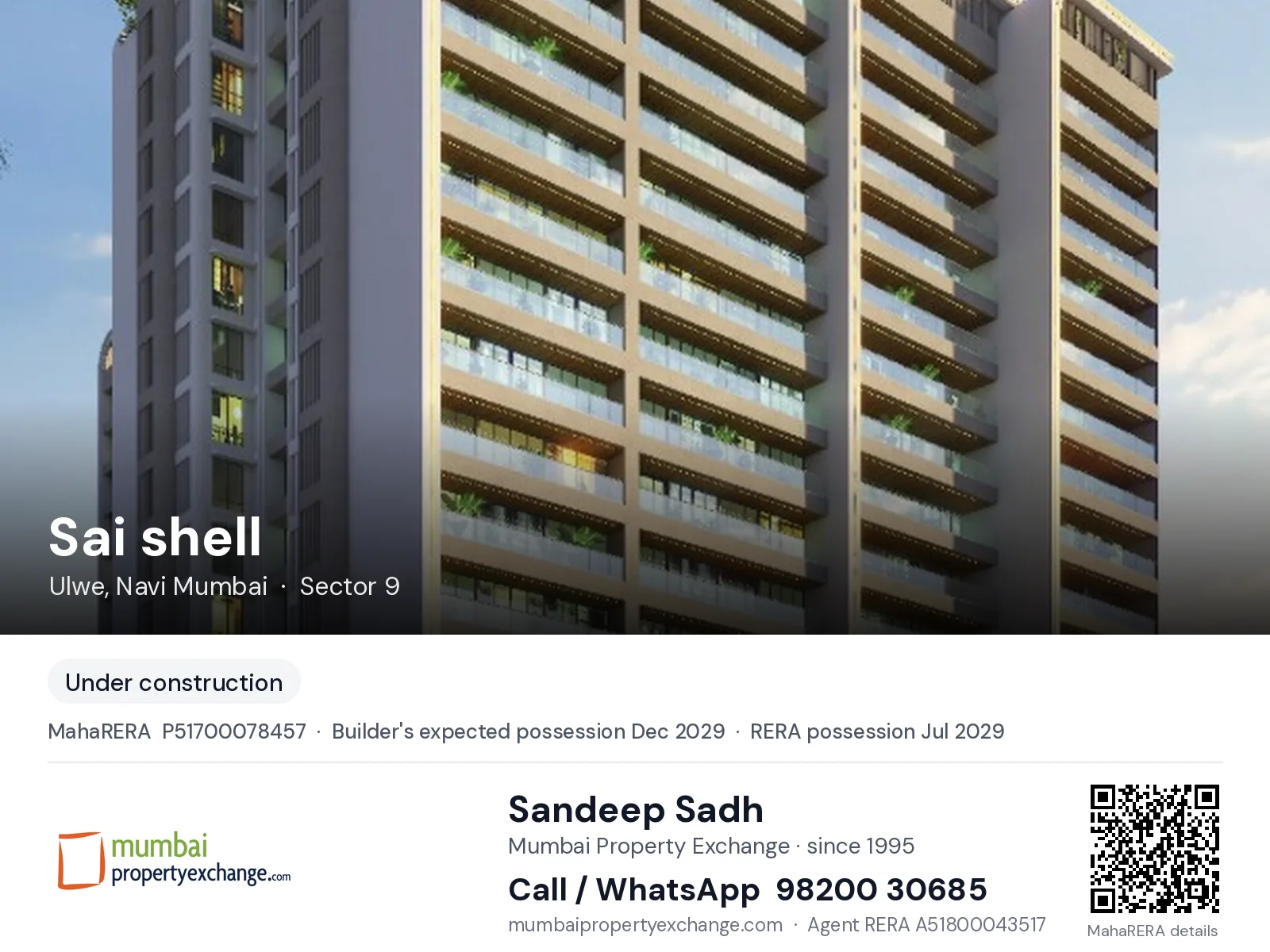 Sai shell by Dudhe, Ulwe, Navi Mumbai — new project, builder's expected possession Dec 2029, RERA possession Jul 2029 | Mumbai Property Exchange, Sandeep Sadh 98200 30685