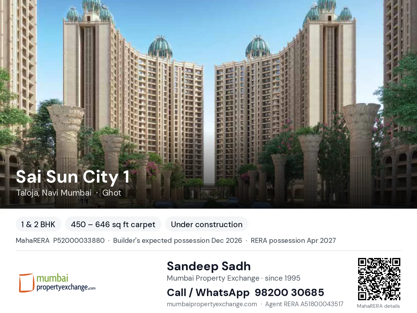 Sai Sun City 1 by Paradise, Taloja, Navi Mumbai — 1 & 2 BHK new project, builder's expected possession Dec 2026, RERA possession Apr 2027 | Mumbai Property Exchange, Sandeep Sadh 98200 30685