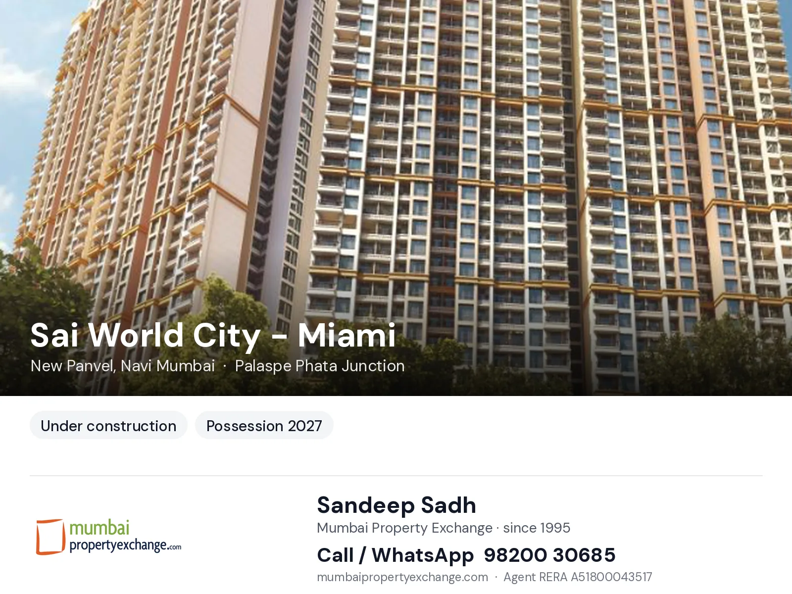 Sai World City - Miami by Paradise, New Panvel, Navi Mumbai — new project, possession 2027 | Mumbai Property Exchange, Sandeep Sadh 98200 30685